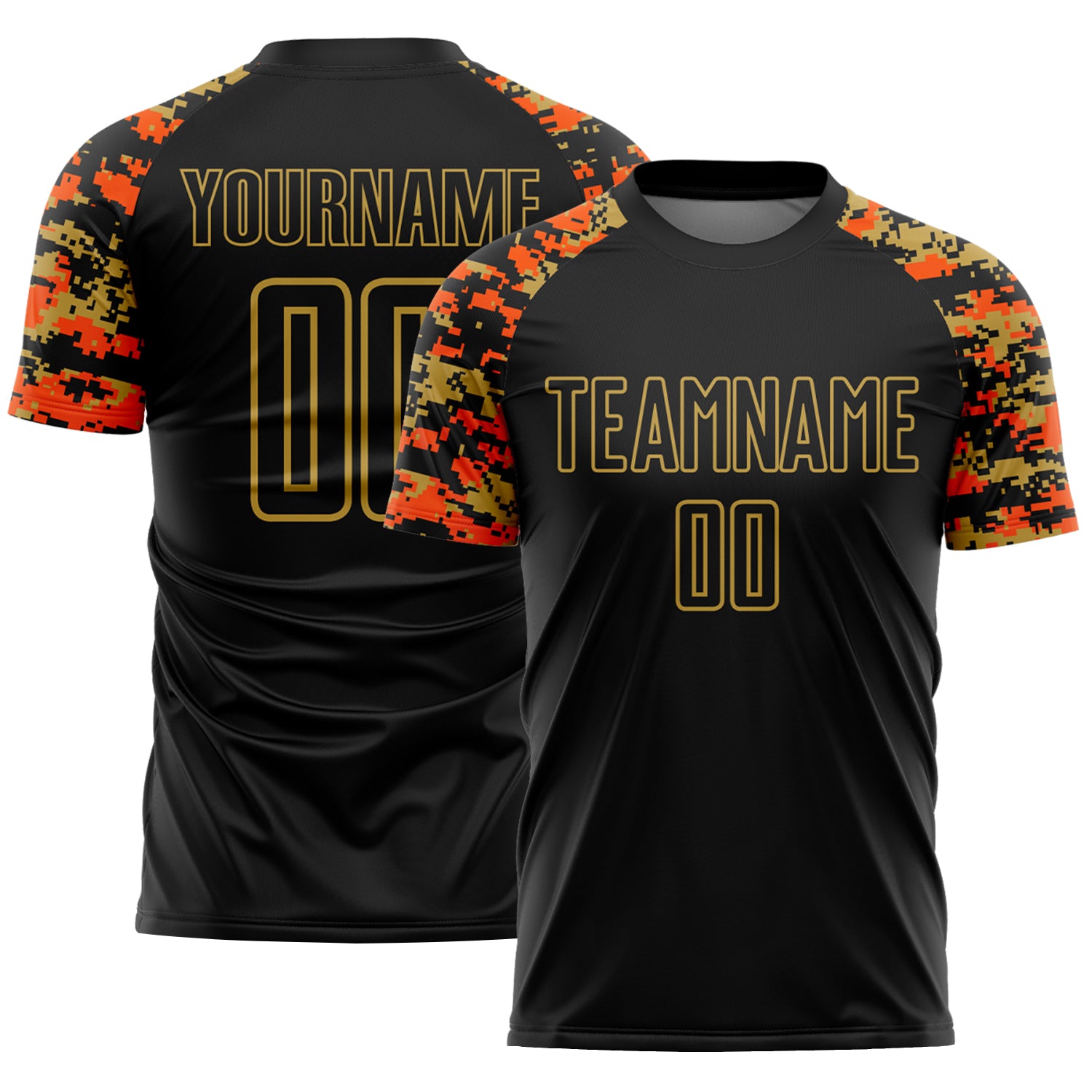 Custom Black Orange-Old Gold Digital Camo Raglan Sleeves Sublimation Soccer Uniform Jersey