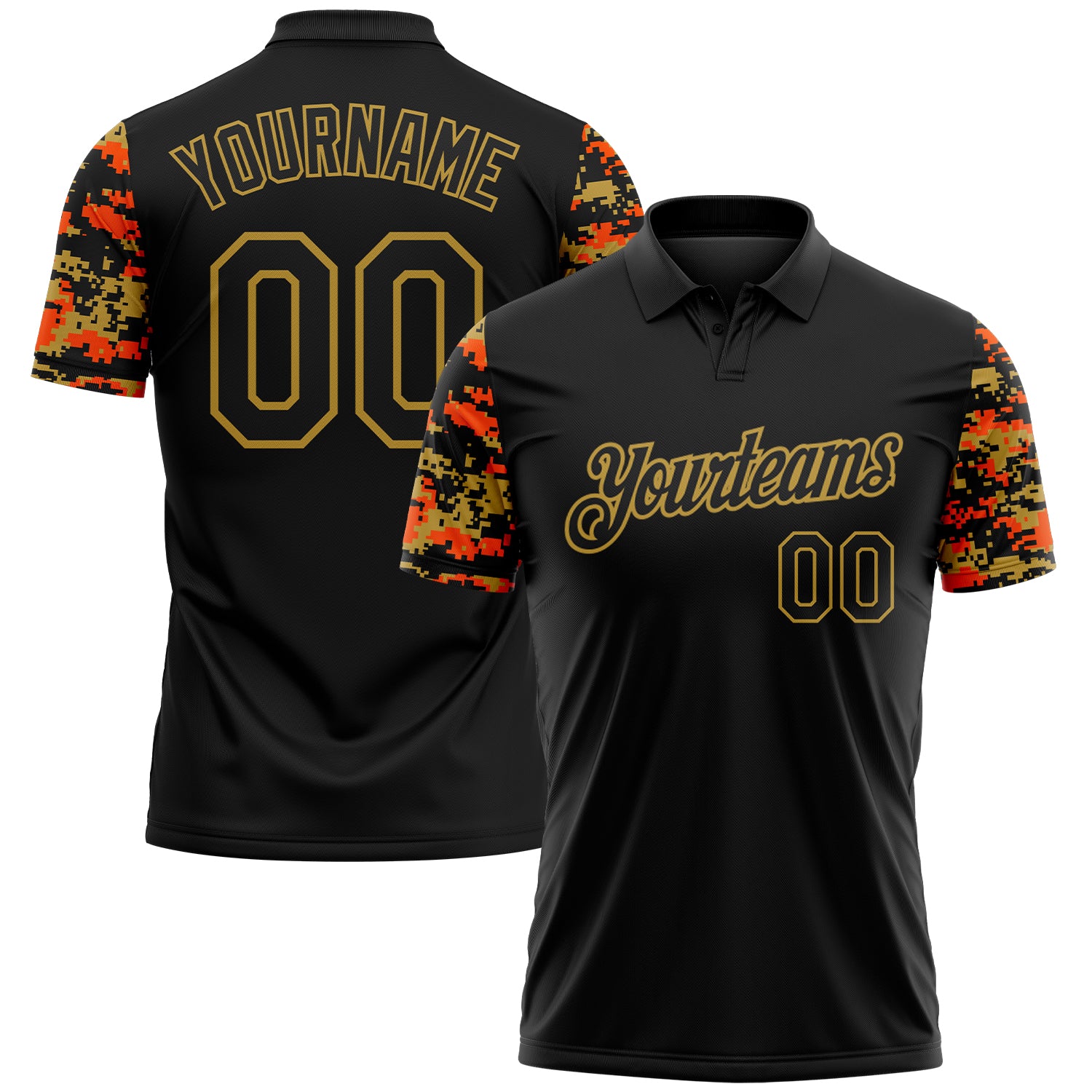 Custom Black Orange-Old Gold Digital Camo Two Tone Performance Polo Shirt