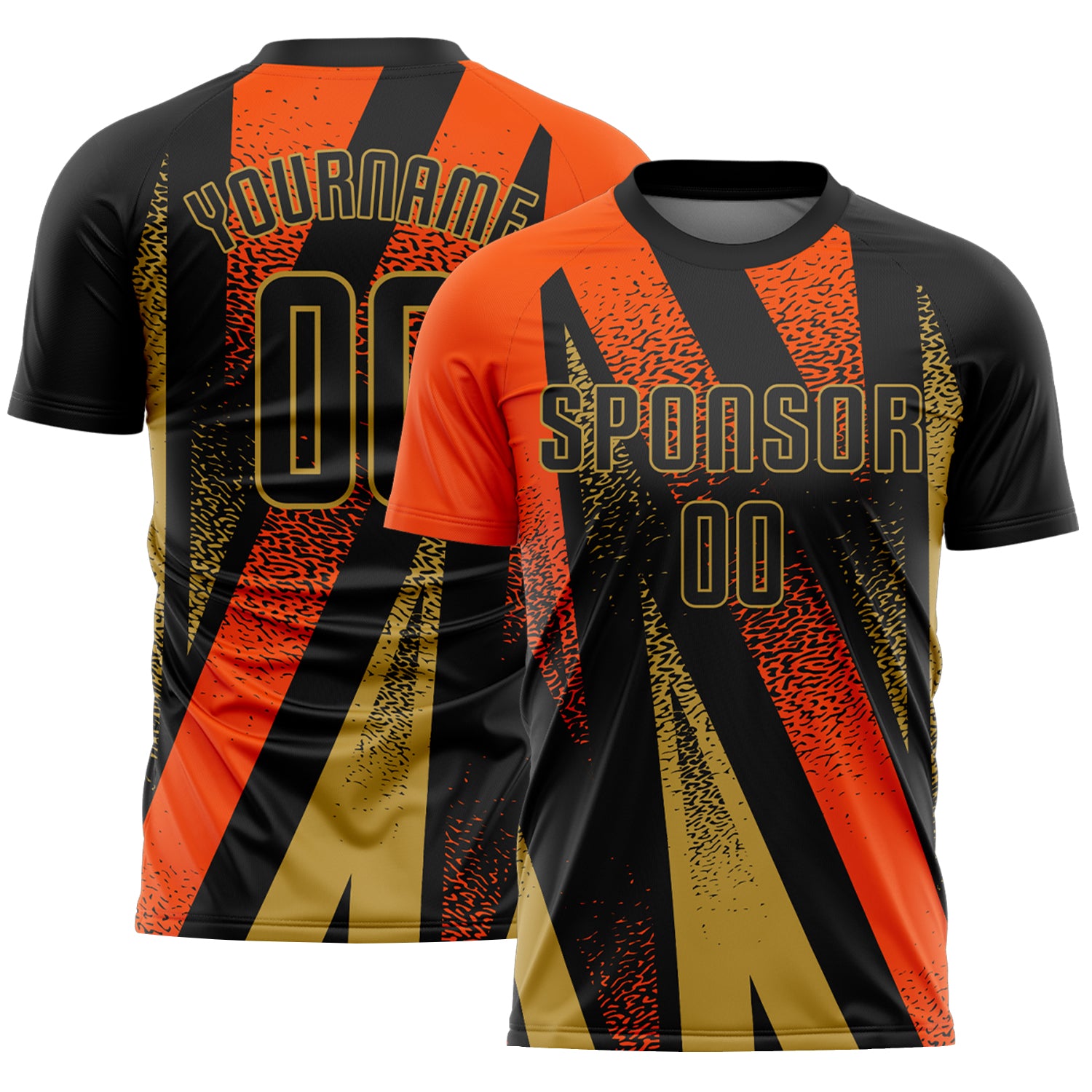 Custom Black Orange-Old Gold Radial Burst Sports Sublimation Soccer Uniform Jersey