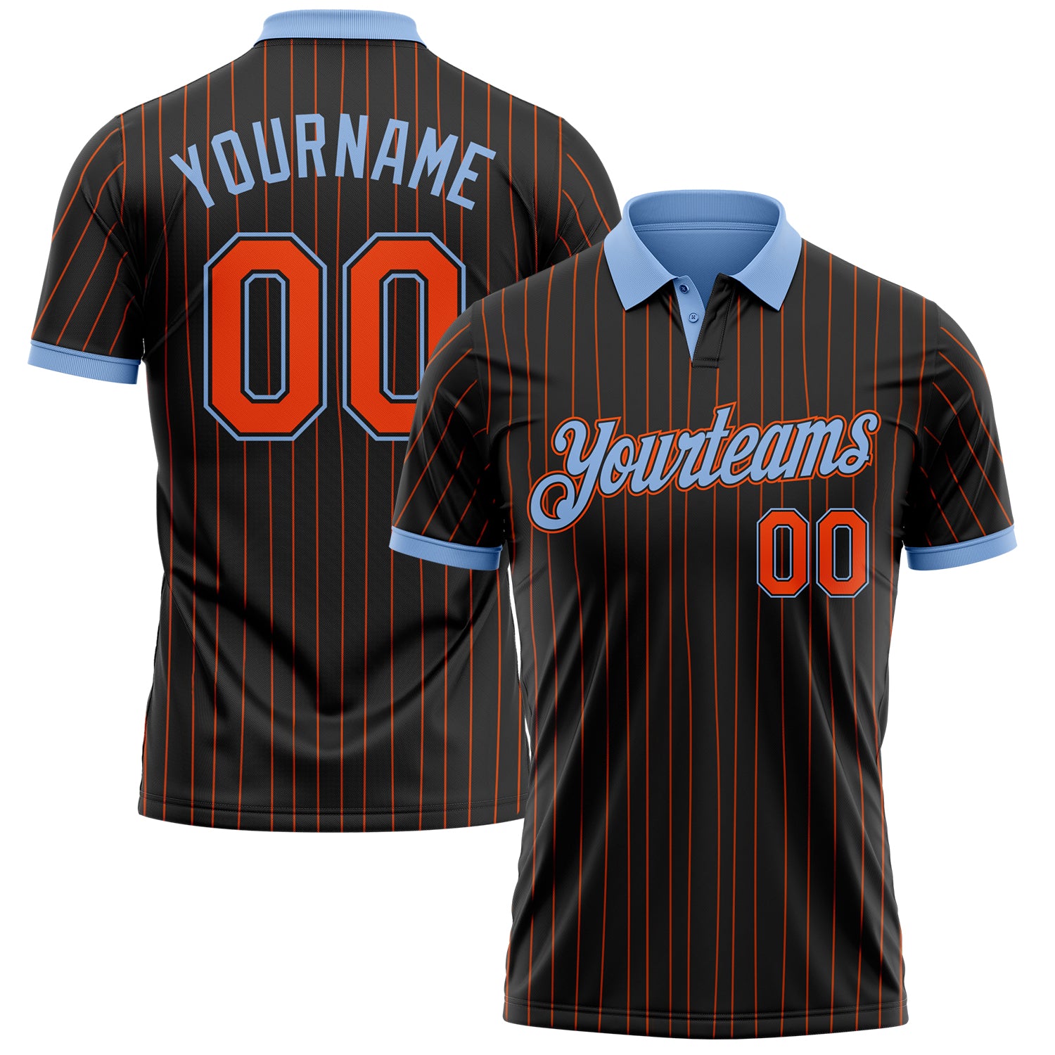 Custom Black Orange Pinstripe-Light Blue Performance Polo Shirt
