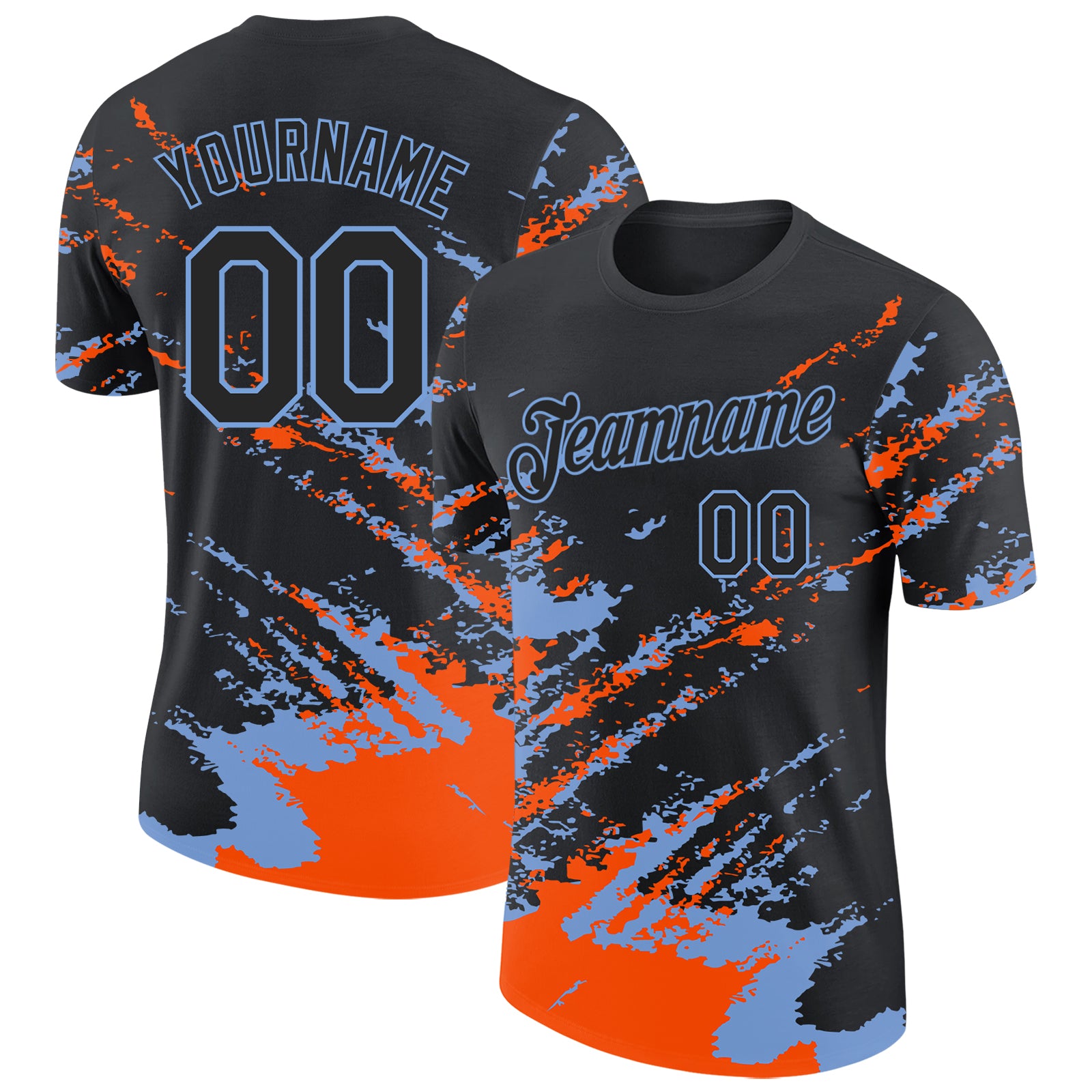 Custom Black Orange-Powder Blue Brush Stroke Shatter Splatter Performance T-Shirt