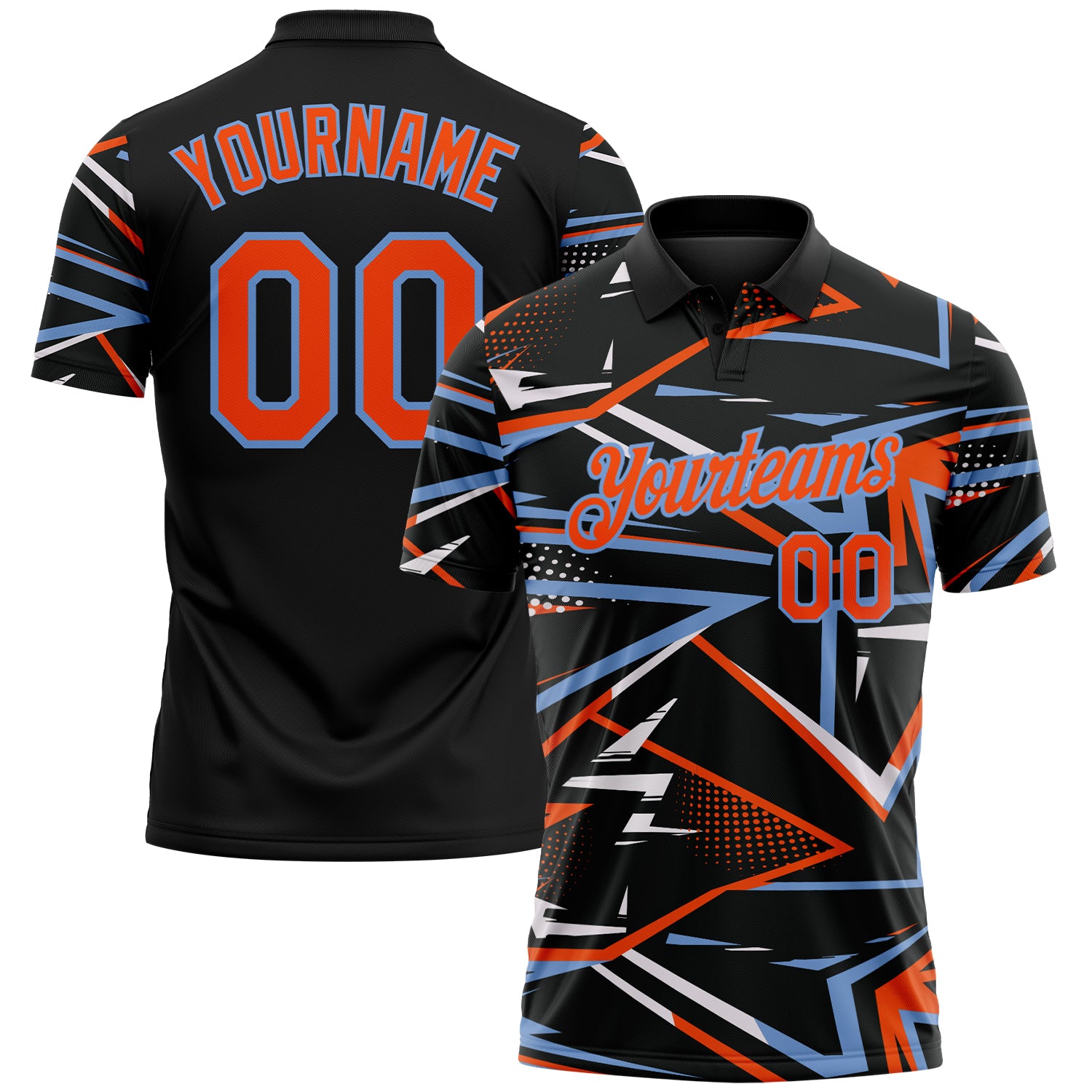 Custom Black Orange-Powder Blue Dynamic Geometric Shard Performance Polo Shirt