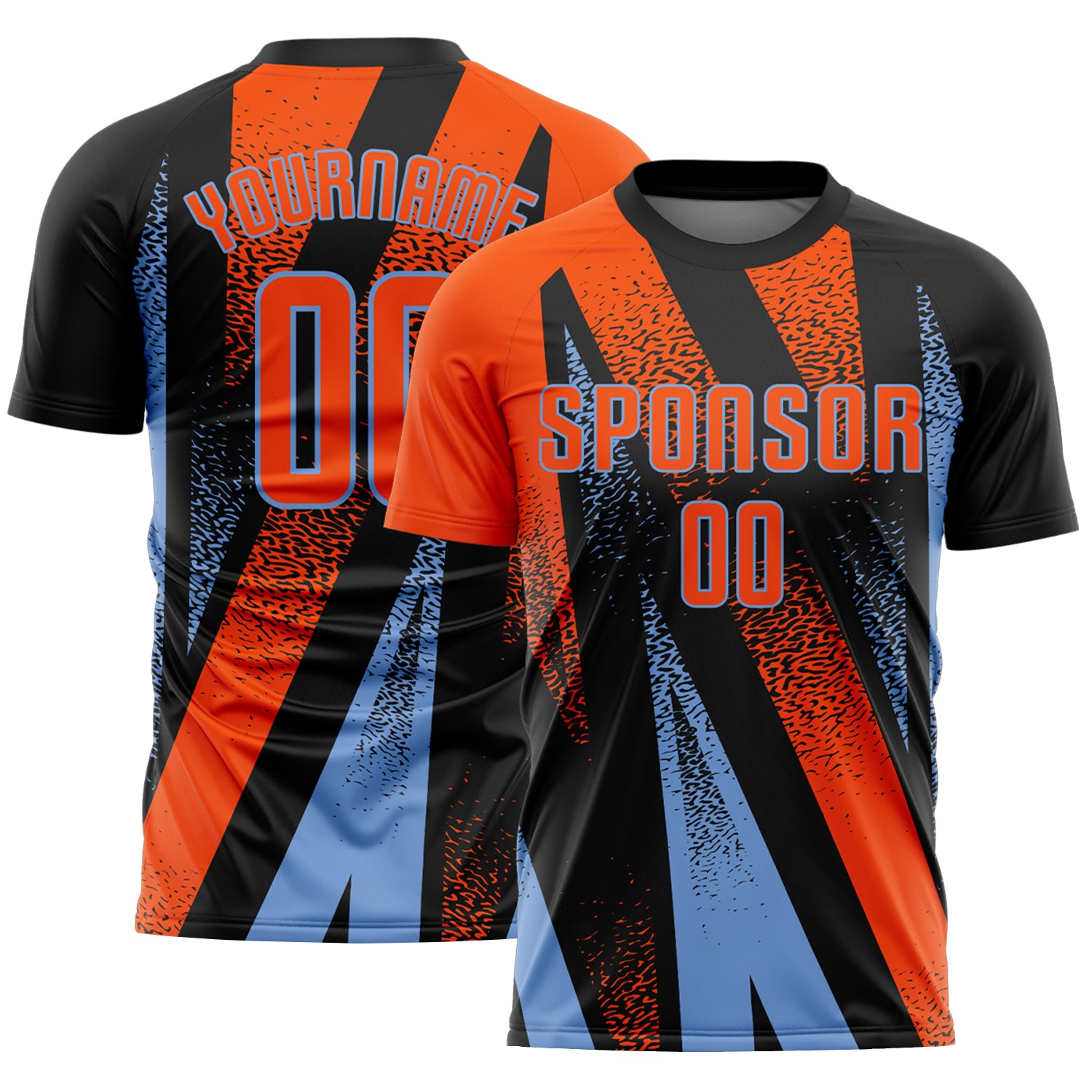 Custom Black Orange-Powder Blue Radial Burst Sports Sublimation Soccer Uniform Jersey