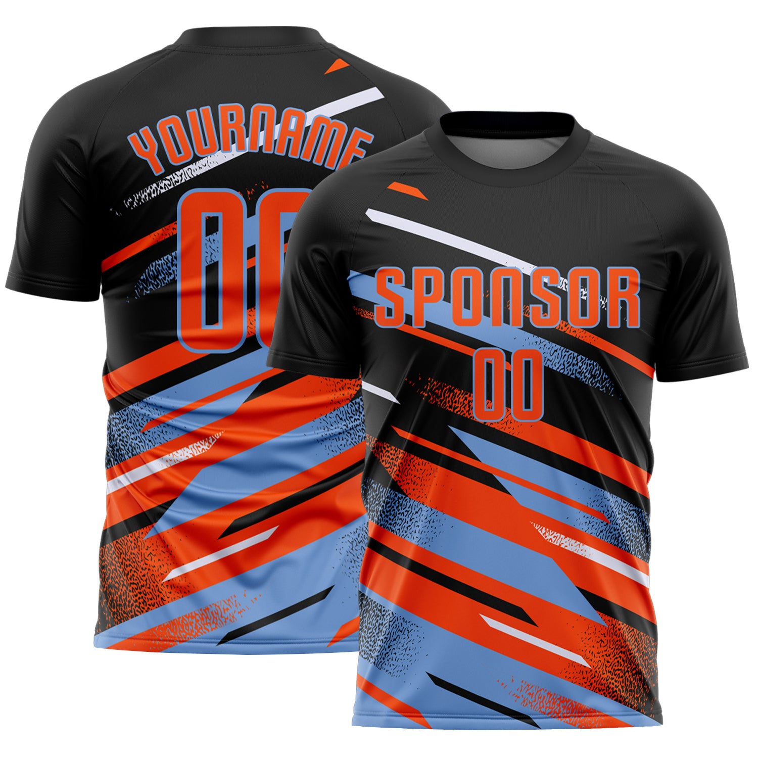 Custom Black Orange Powder Blue-White Grunge Stripe And Grainy Sports Sublimation Soccer Uniform Jersey
