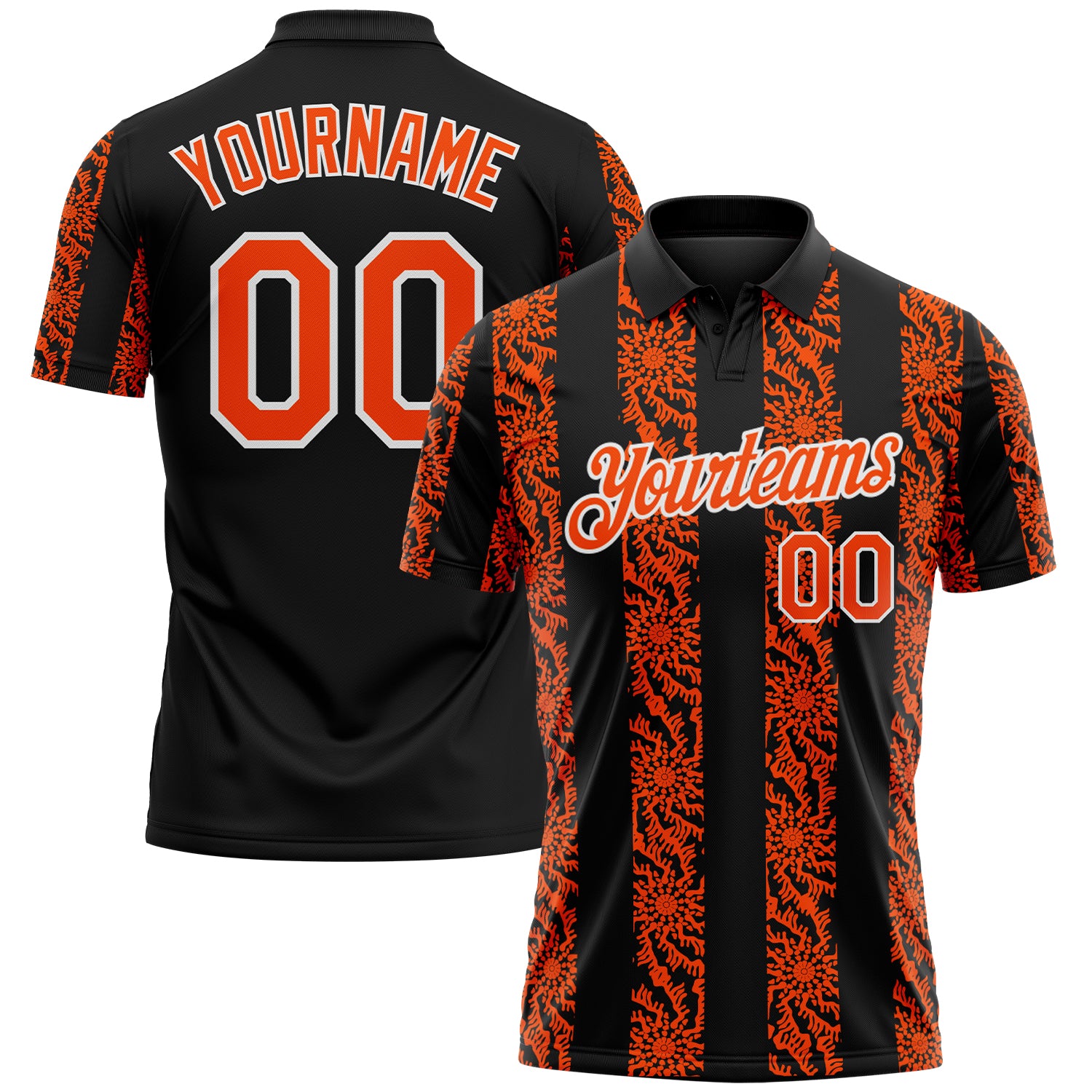 Custom Black Orange-White 3D Pattern Abstract Floral Stripe Tribal Performance Polo Shirt