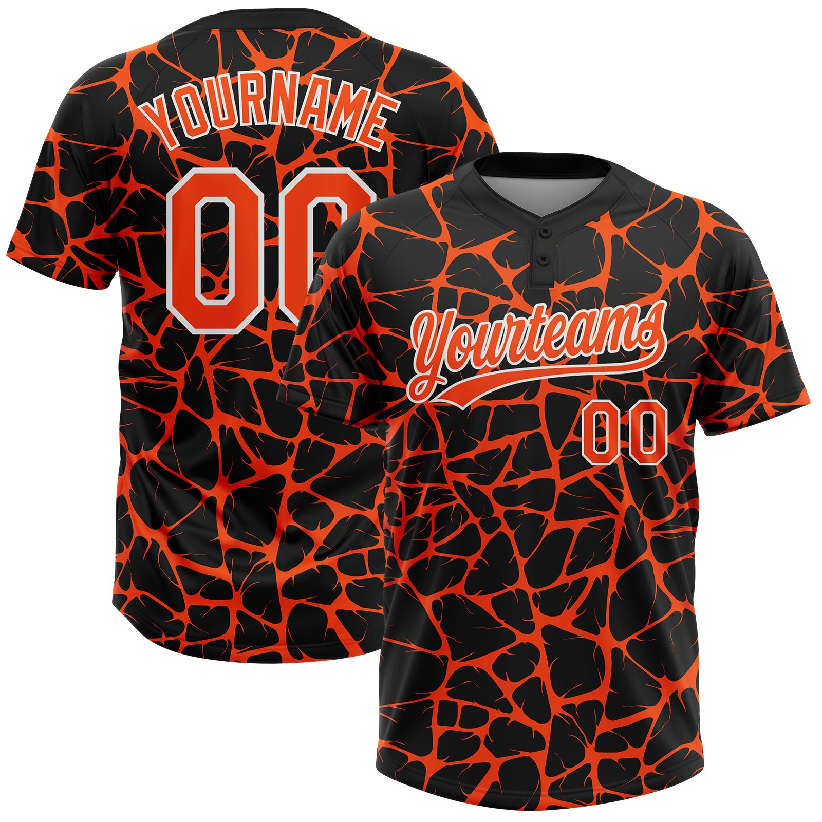 Custom Black Orange-White 3D Pattern Design Abstract Network Crackle Two-Button Unisex Softball Jersey