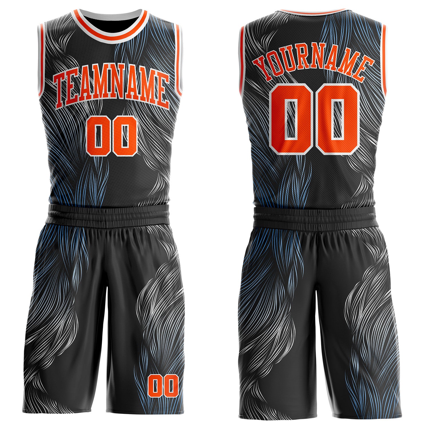Custom Black Orange-White Abstract Feather Boho Style Round Neck Sublimation Basketball Uniform Jersey