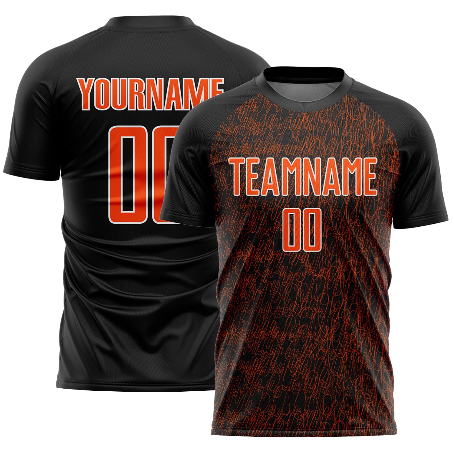 Custom Black Orange-White Abstract Scribble Curve Line Pattern Sports Sublimation Soccer Uniform Jersey
