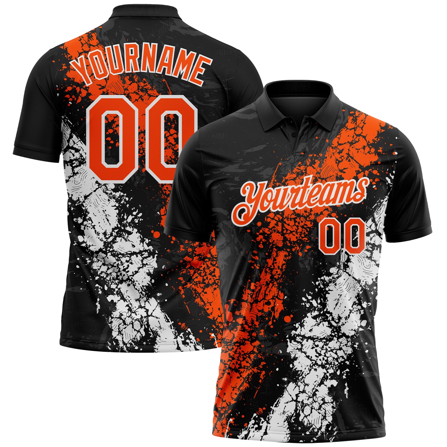 Custom Black Orange-White Dripping Splatter Cracked Texture Performance Polo Shirt