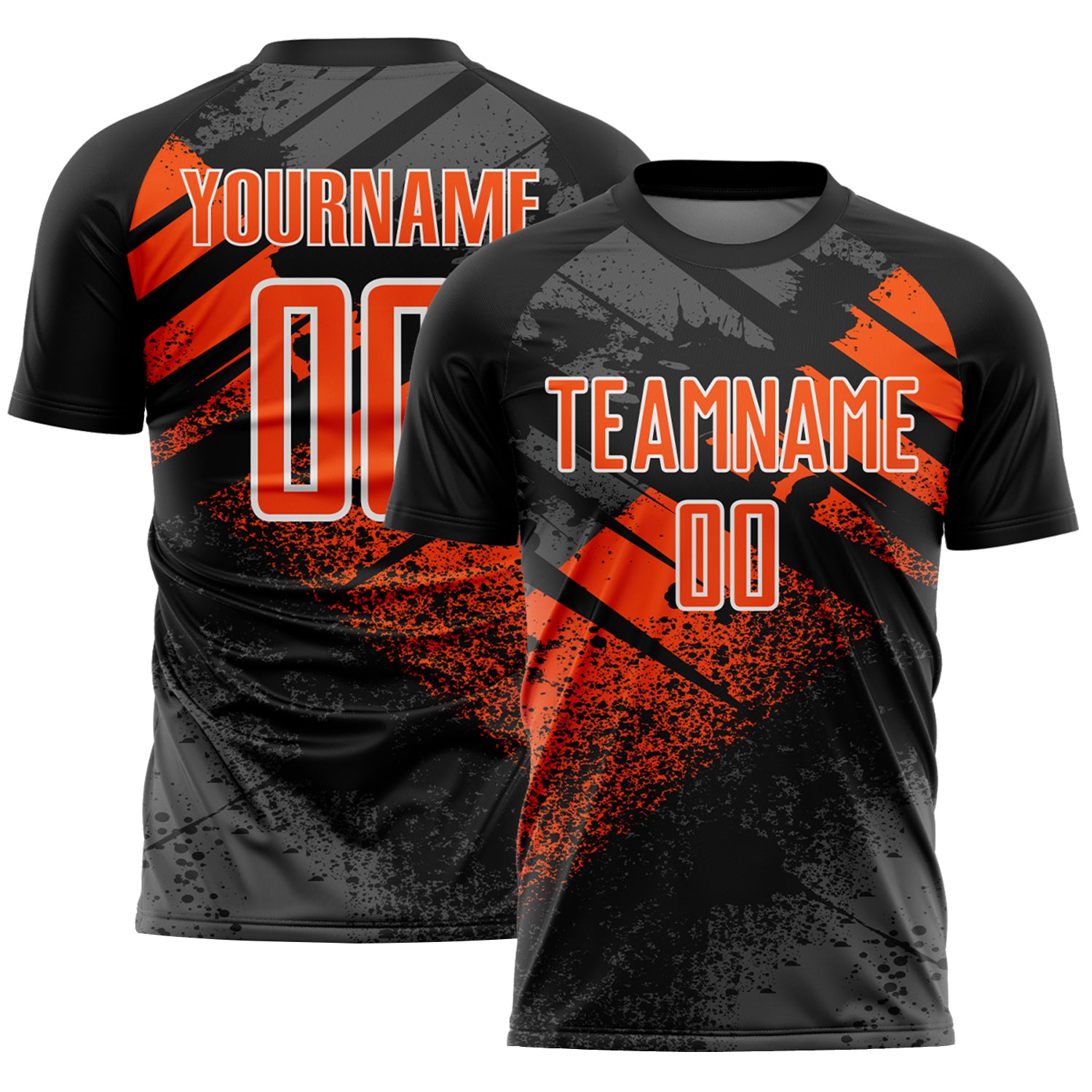 Custom Black Orange-White Grunge Splatter Brush Stroke Sublimation Soccer Uniform Jersey