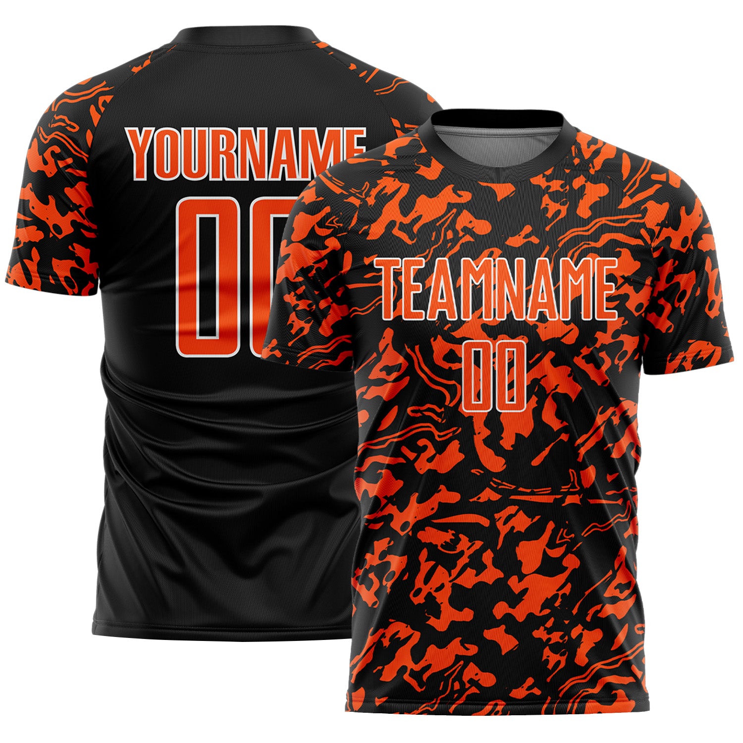 Custom Black Orange-White Liquid Fluid Pattern Sports Sublimation Soccer Uniform Jersey