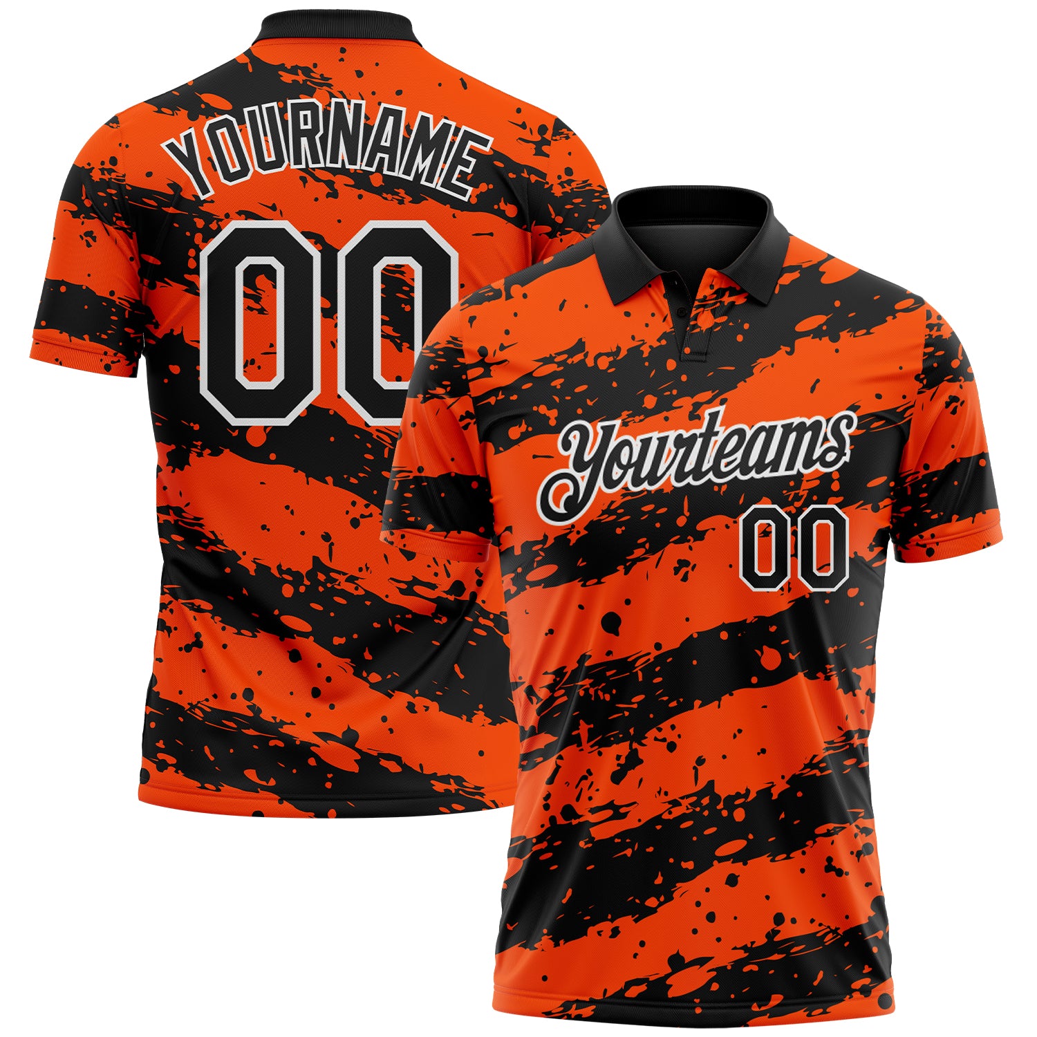 Custom Black Orange-White Paint Splash Stripe Performance Polo Shirt