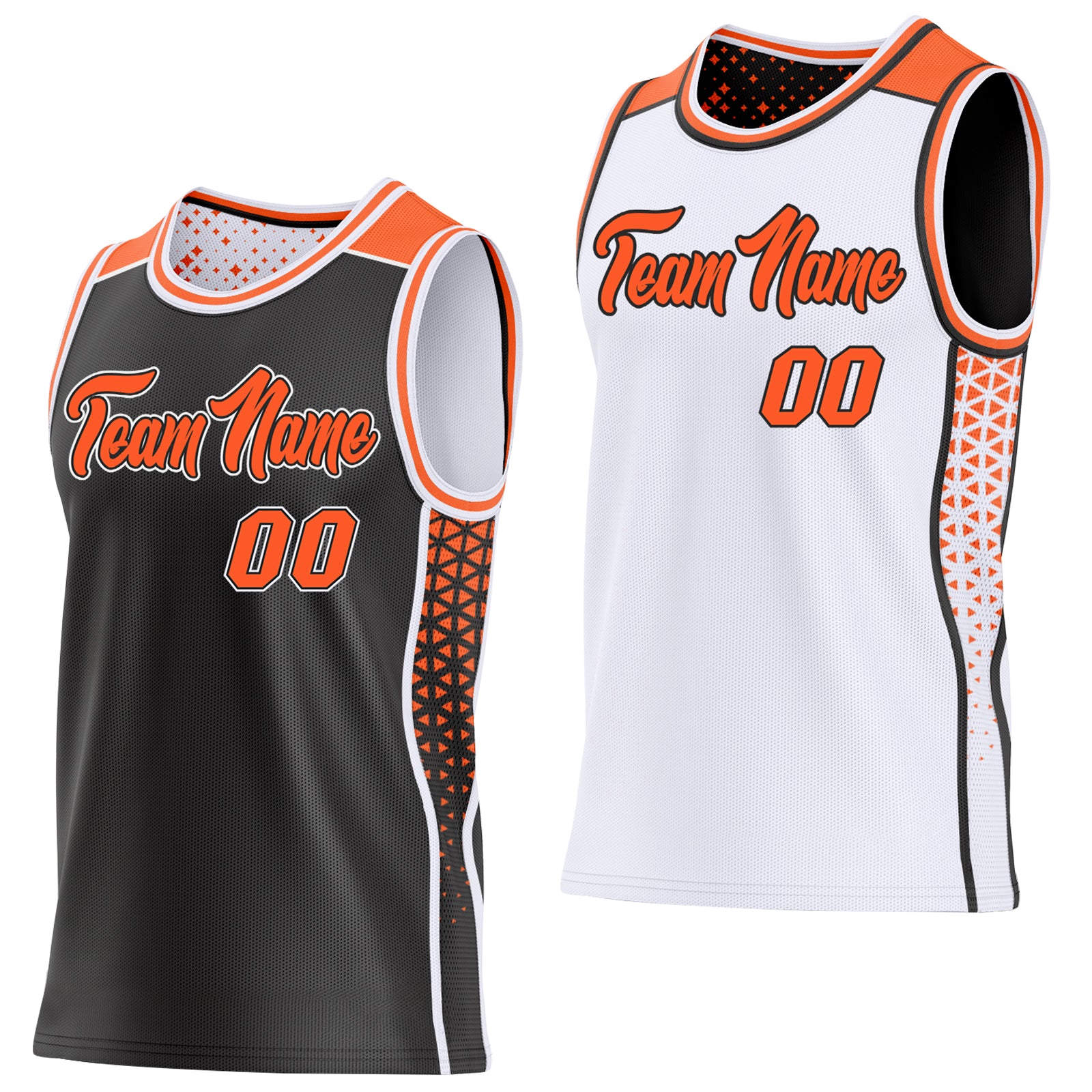 Custom Black Orange-White Side Panel Stripe Geometric Triangle Gradient Dot Reversible Double Side Sublimation Basketball Set Jersey
