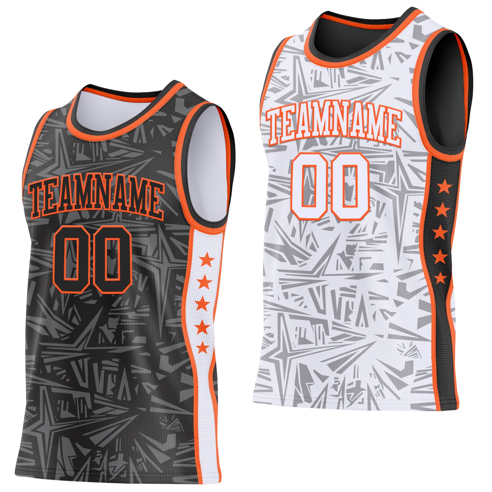 Custom Black Orange-White Side Panel Stripe Stars Geometric Shatter Starburst Reversible Double Side Sublimation Basketball Set Jersey