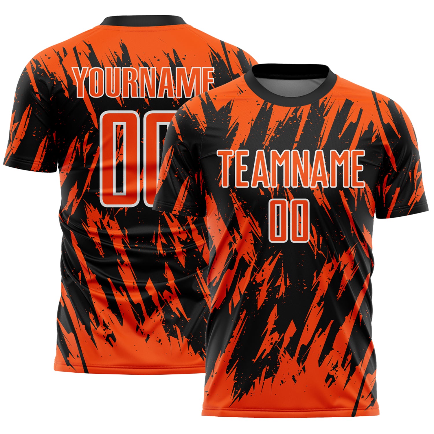 Custom Black Orange-White Splatter Torn Sharp Brush Stroke Sublimation Soccer Uniform Jersey