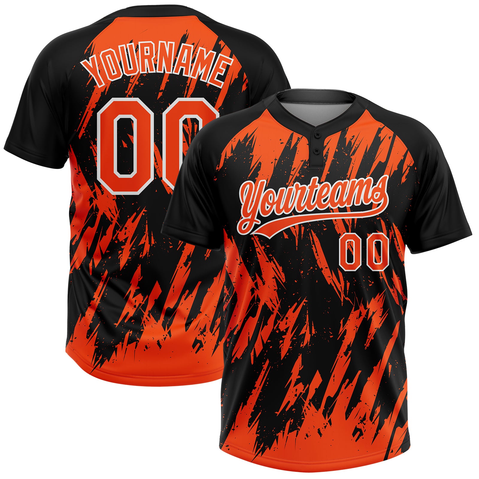 Custom Black Orange-White Splatter Torn Sharp Brush Stroke Two-Button Unisex Softball Jersey