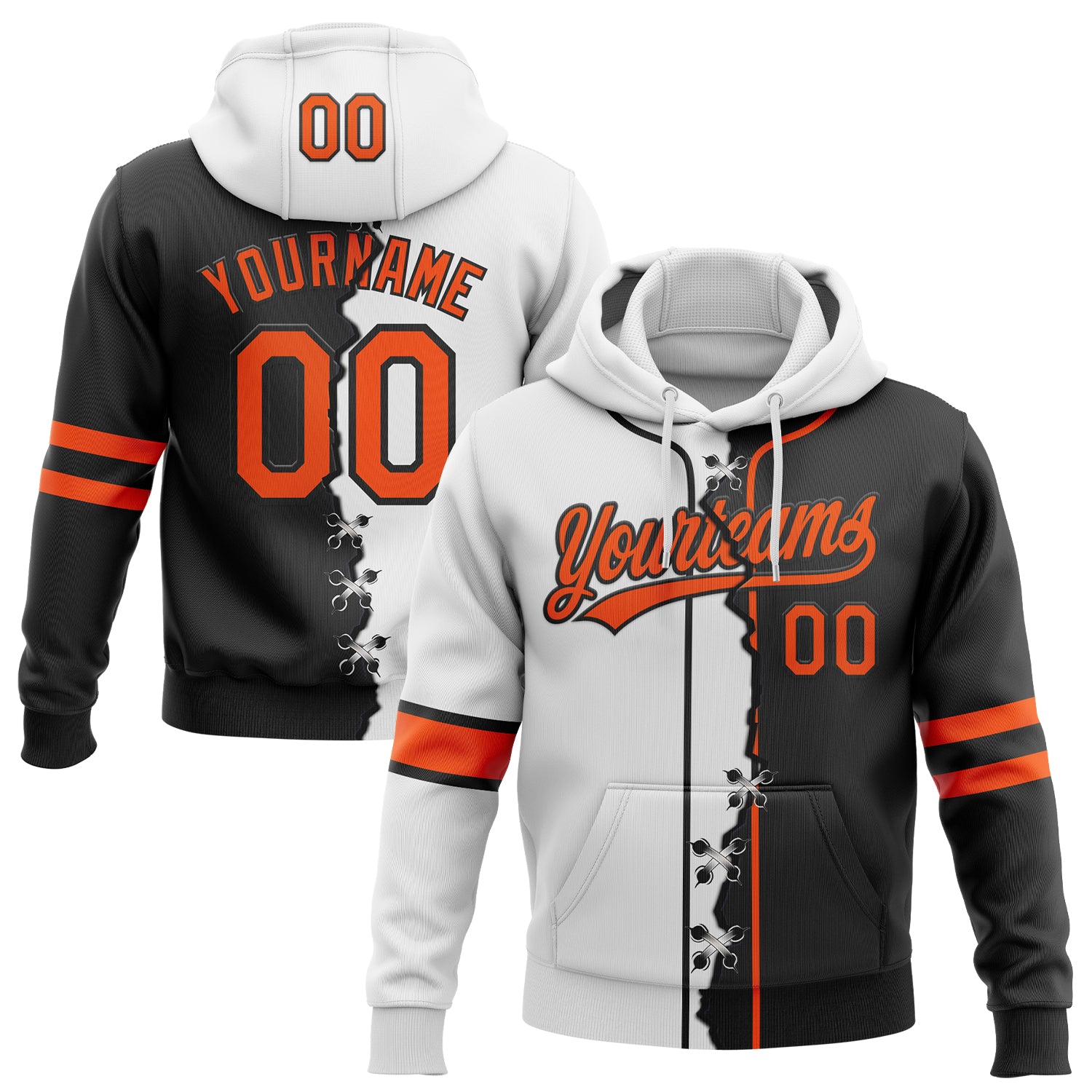 Custom Black Orange-White Split Ripped Pattern Baseball Pullover Sweatshirt Hoodie