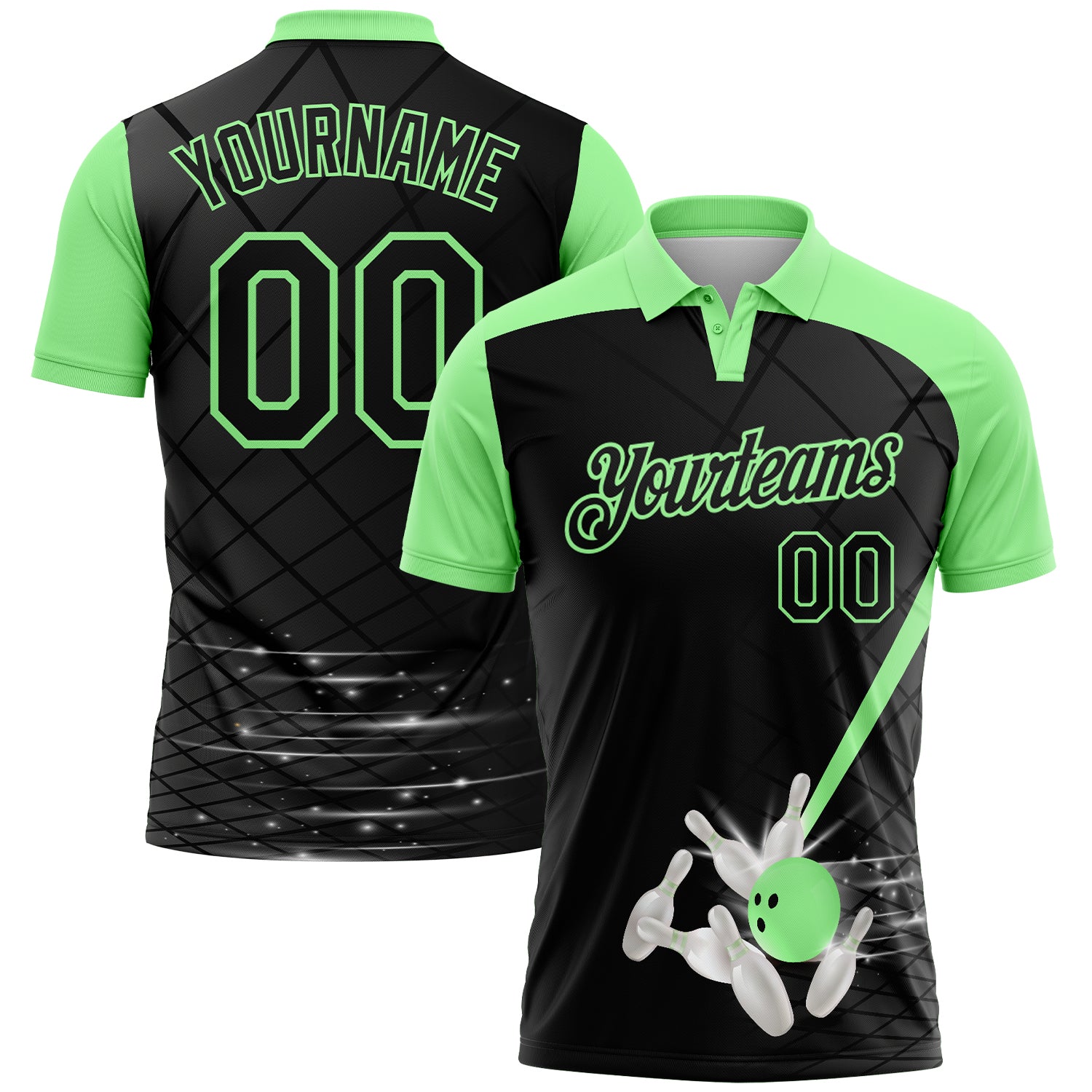 Custom Black-Pea Green Bowling Geometric Grid Performance Polo Shirt
