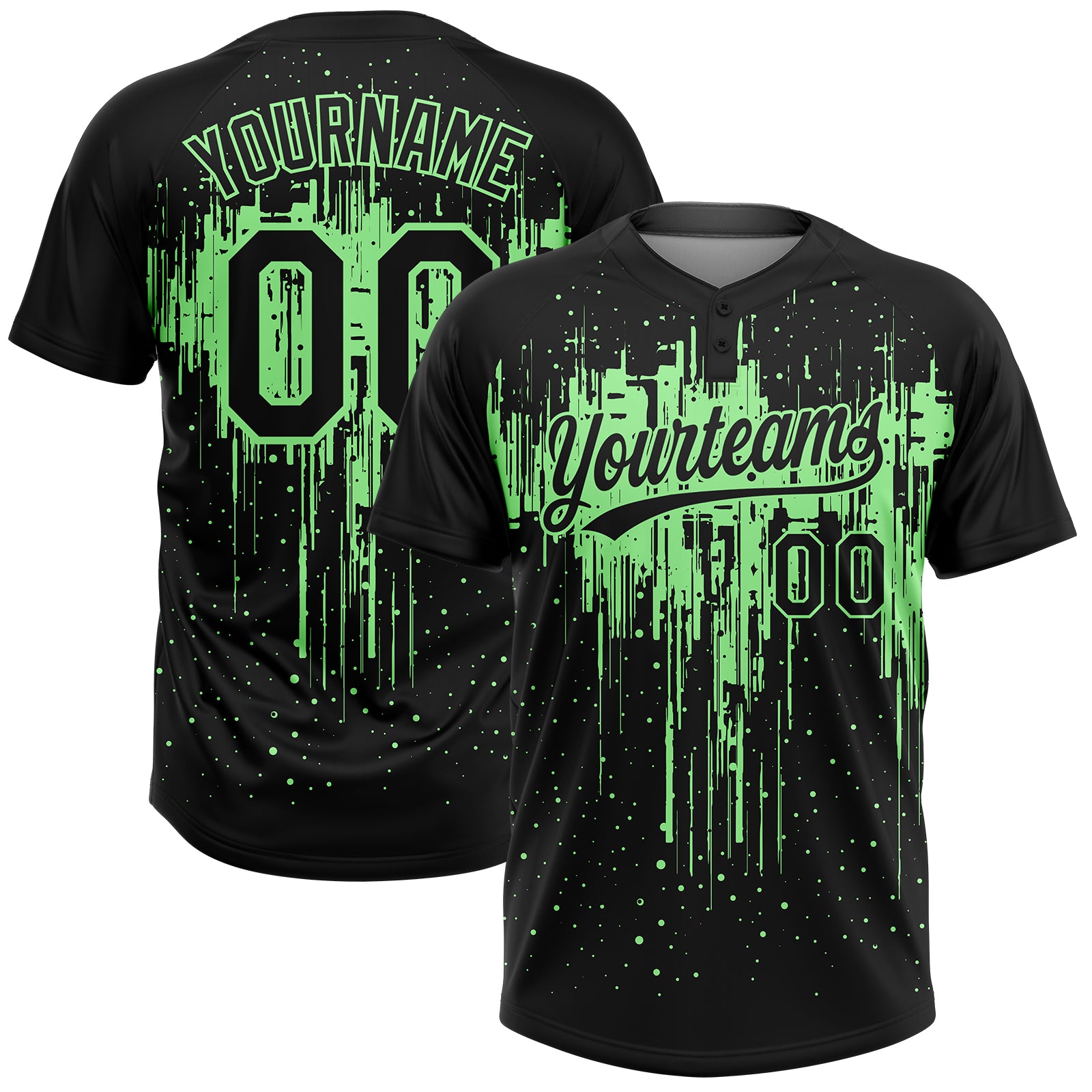 Custom Black Pea Green Dripping Splatter Paint Two-Button Unisex Softball Jersey