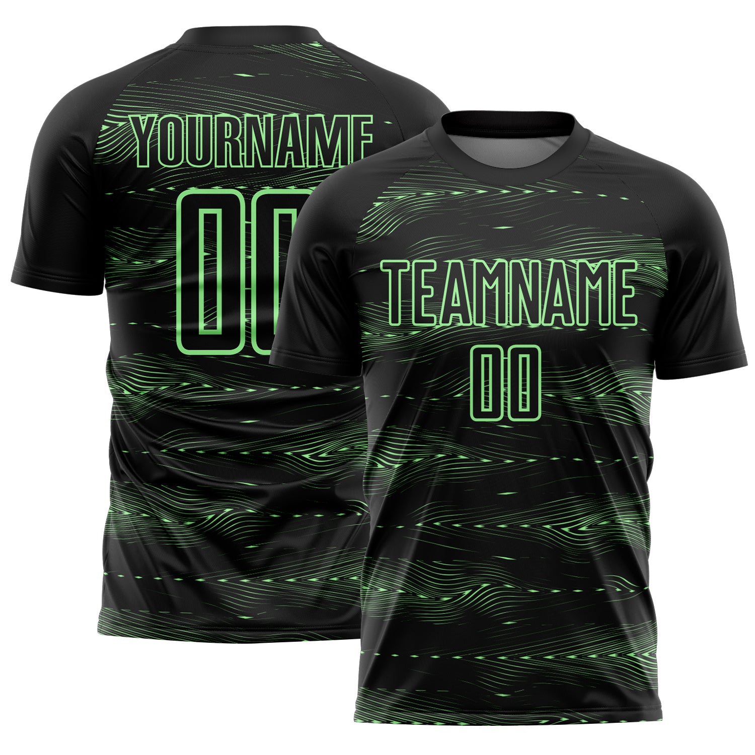 Custom Black Pea Green Streamline Wave Cyberpunk Neon Tech Sports Sublimation Soccer Uniform Jersey