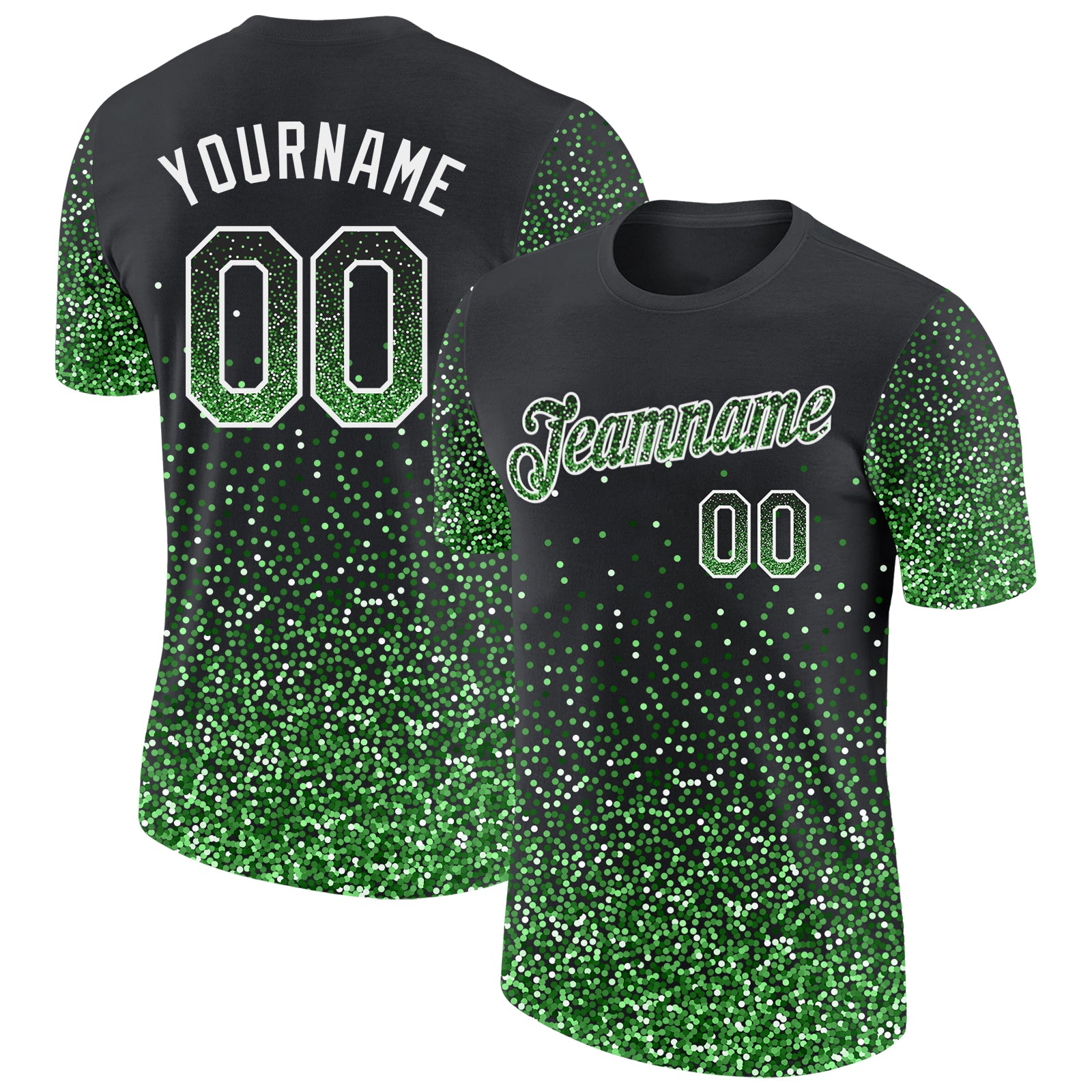 Custom Black Pea Green-White Colorful Sparkle Gradient Dots Performance T-Shirt