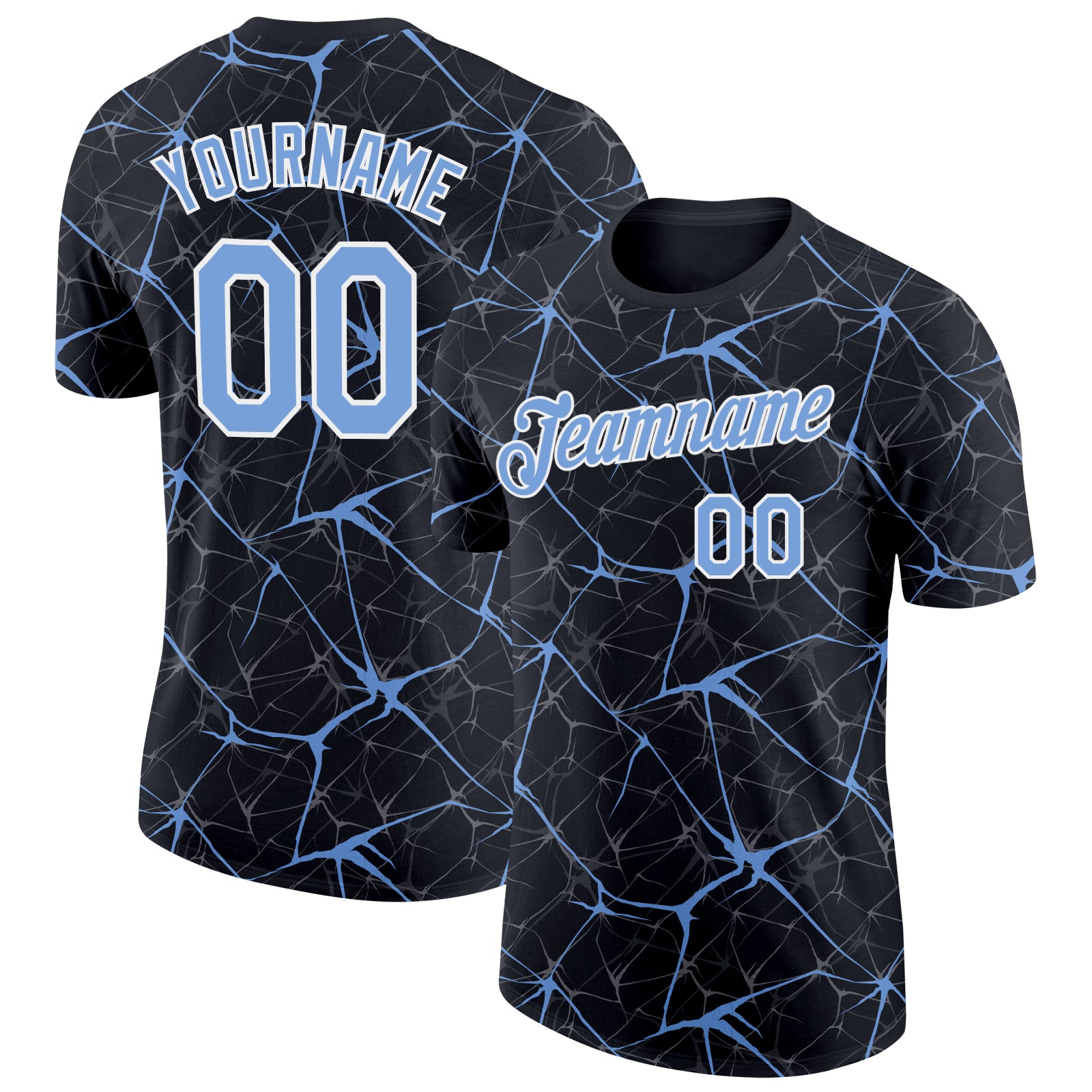 Custom Black Powder Blue Gray-White Abstract Network Crackle Performance T-Shirt