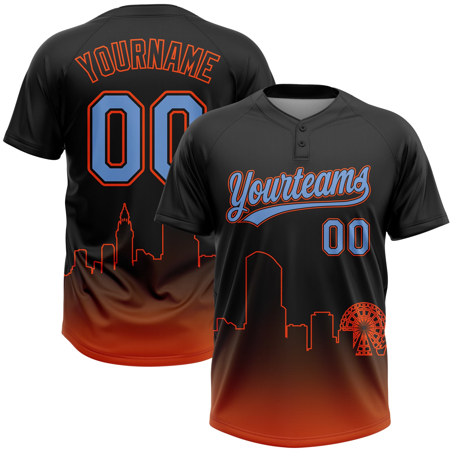 Custom Black Powder Blue-Orange Miami City Edition Gradient Two-Button Unisex Softball Jersey
