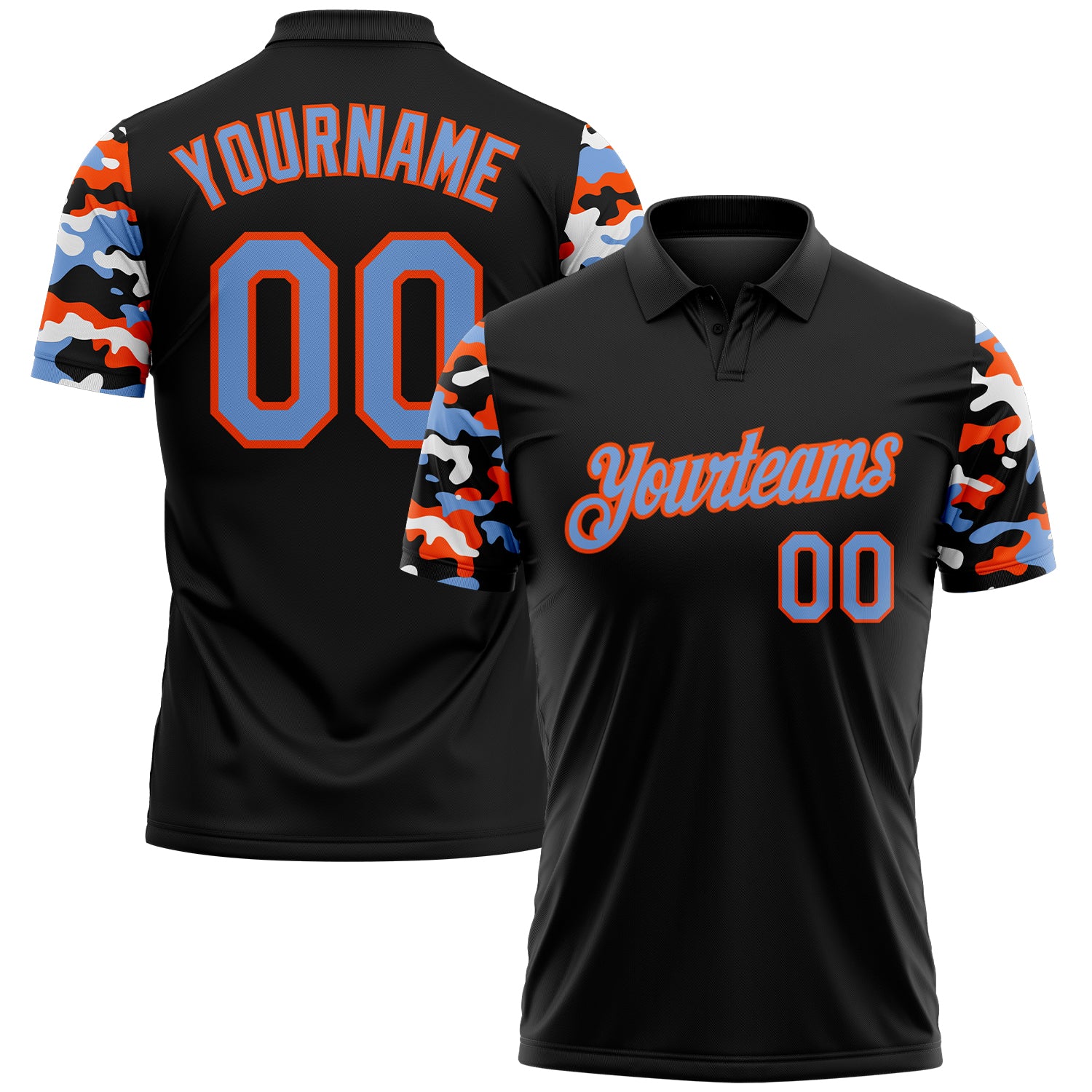 Custom Black Powder Blue Orange-White Digital Camo Two Tone Performance Polo Shirt