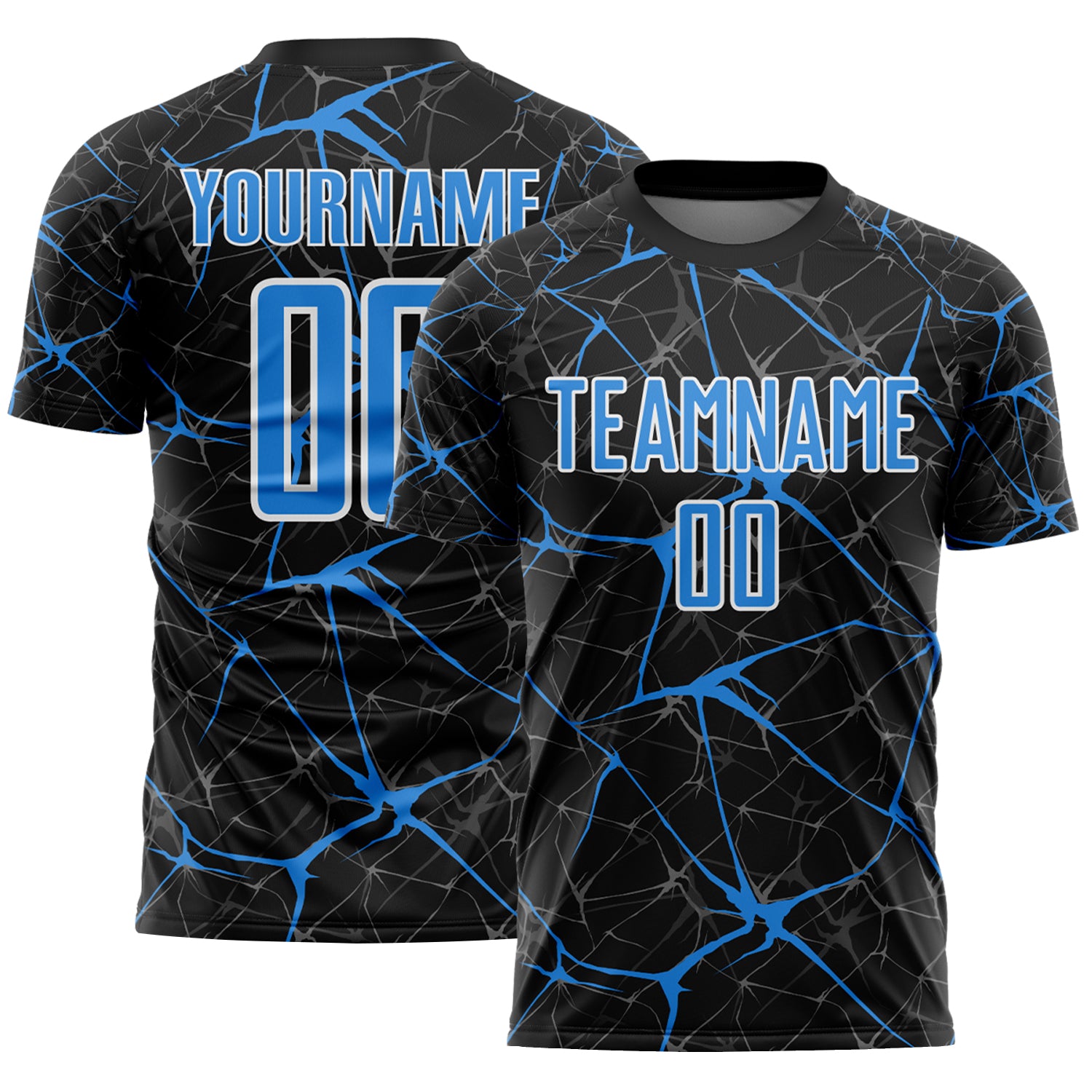 Custom Black Powder Blue-White Abstract Network Crackle Sublimation Soccer Uniform Jersey