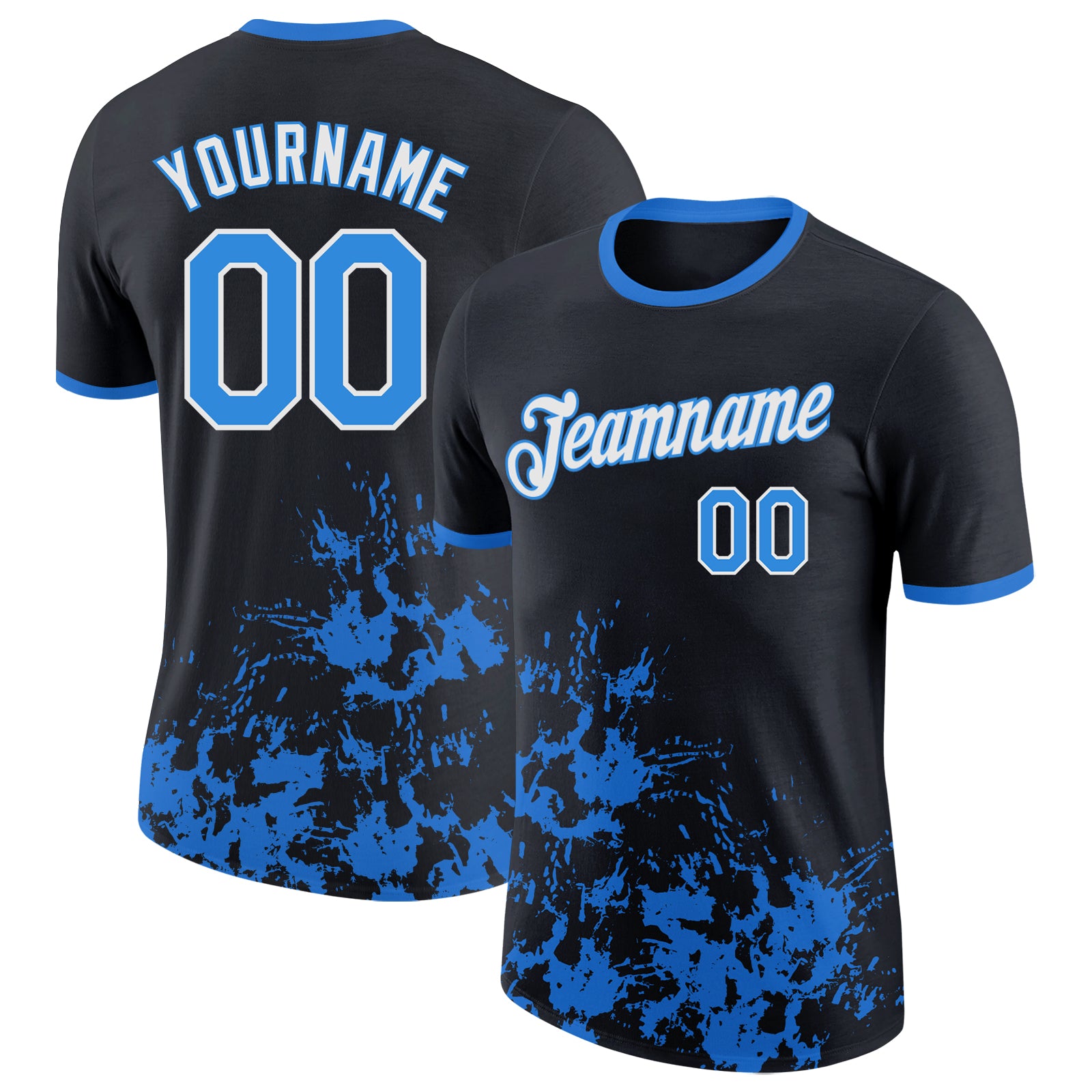 Custom Black Powder Blue-White Brush Stroke Splatter Performance T-Shirt