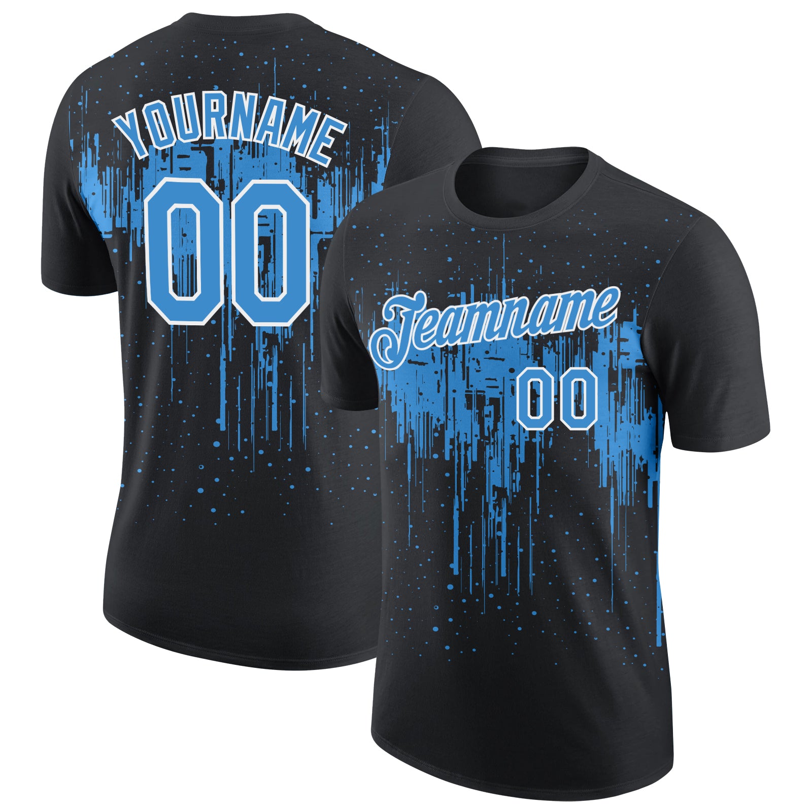 Custom Black Powder Blue-White Dripping Splatter Paint Performance T-Shirt