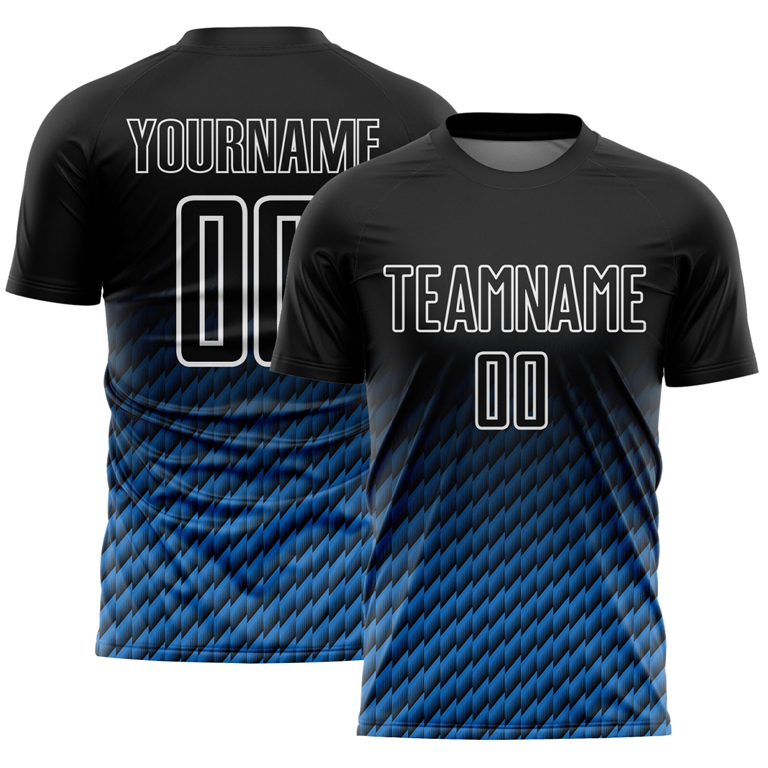 Custom Black Powder Blue-White Geometric Wave Gradient Sublimation Soccer Uniform Jersey
