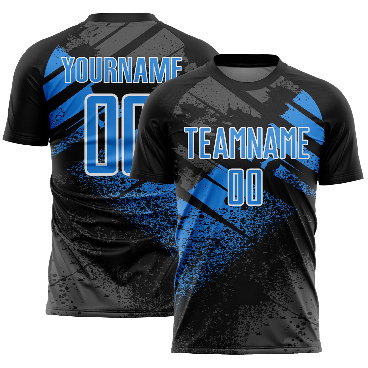 Custom Black Powder Blue-White Grunge Splatter Brush Stroke Sublimation Soccer Uniform Jersey