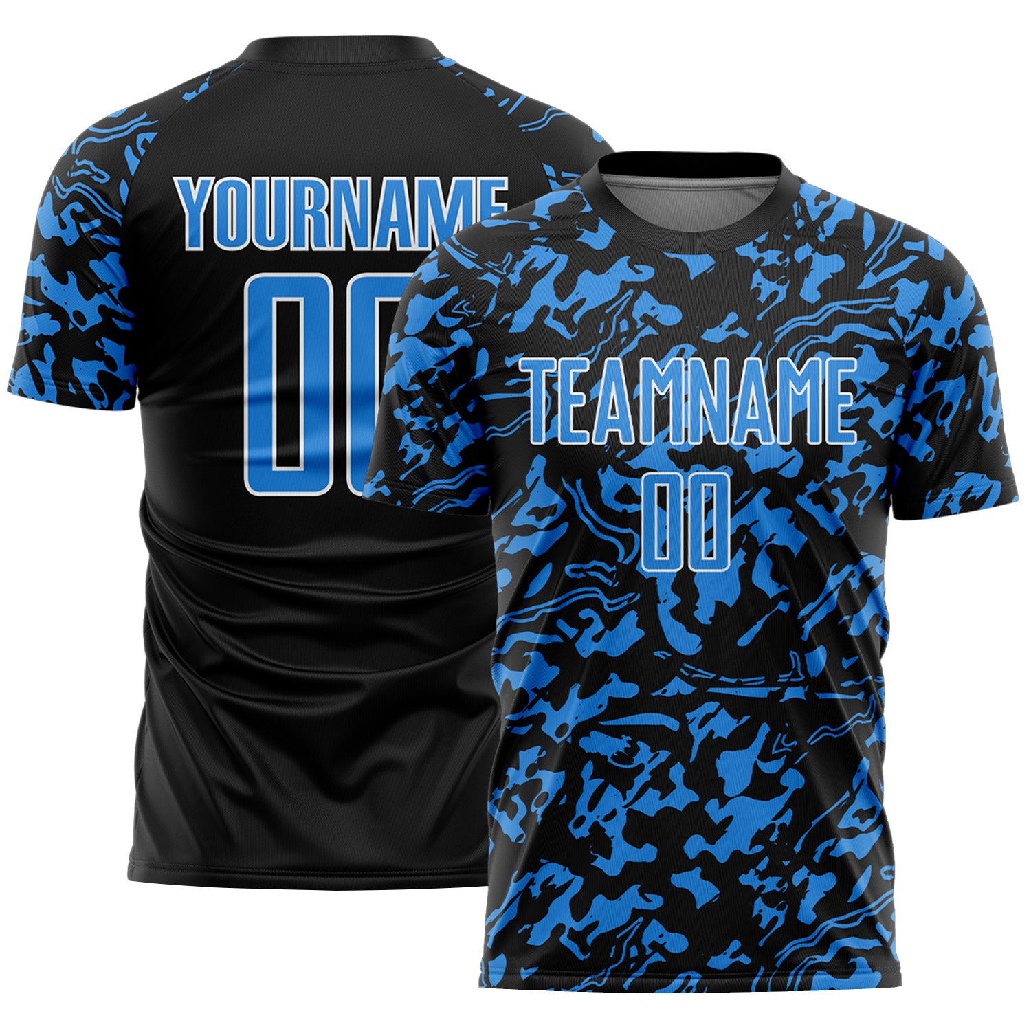 Custom Black Powder Blue-White Liquid Fluid Pattern Sports Sublimation Soccer Uniform Jersey