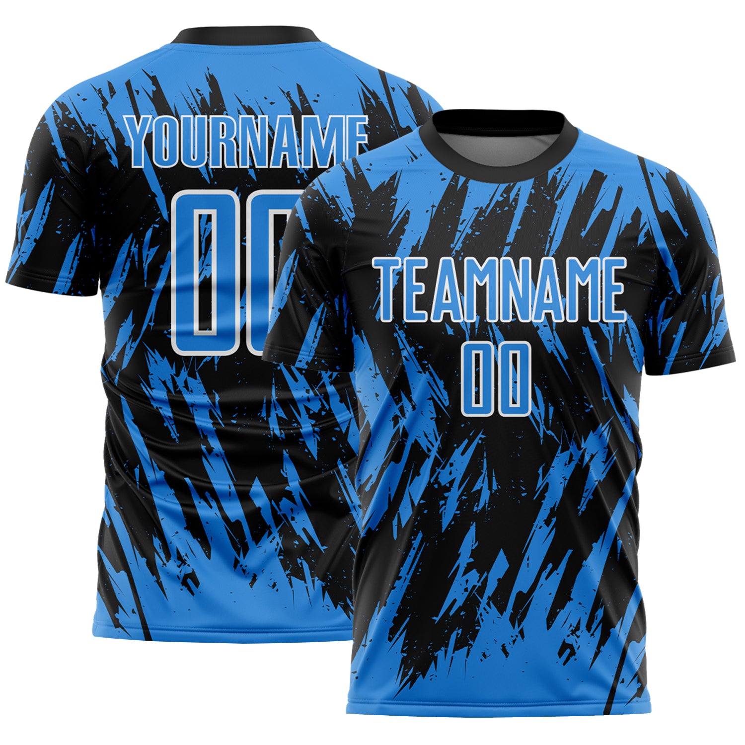 Custom Black Powder Blue-White Splatter Torn Sharp Brush Stroke Sublimation Soccer Uniform Jersey