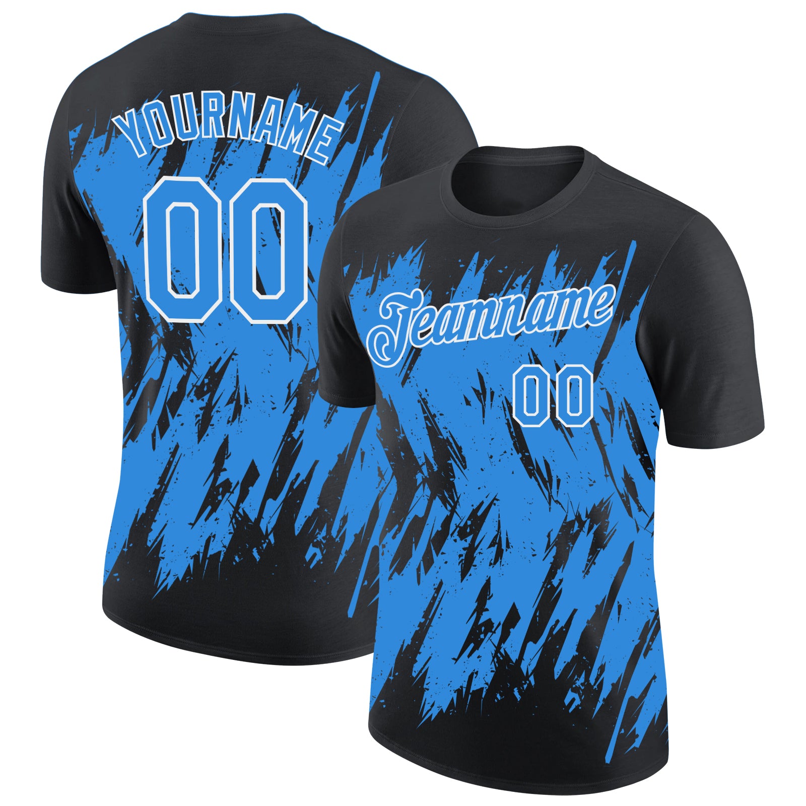 Custom Black Powder Blue-White Torn Sharp Brush Stroke Splatter Performance T-Shirt