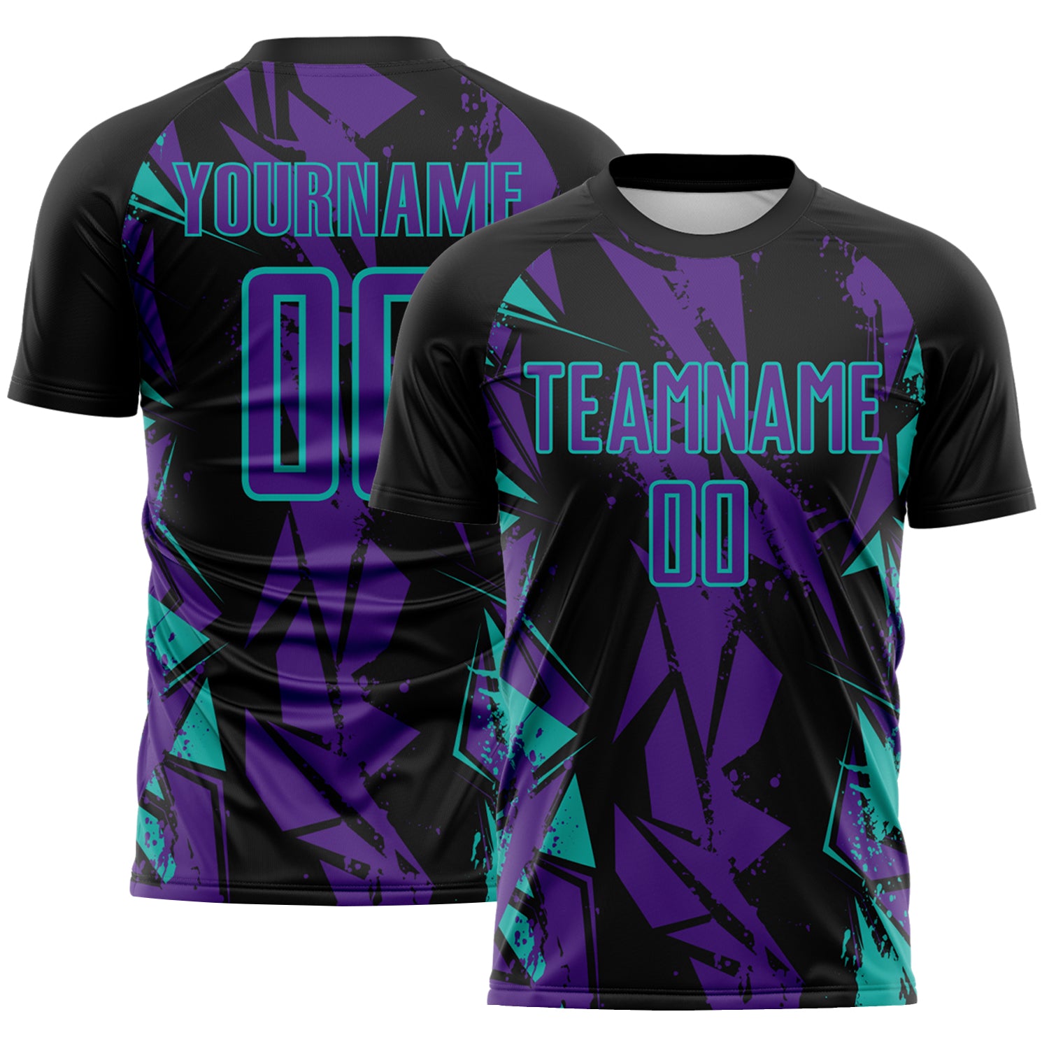 Custom Black Purple-Aqua Geometric Shard Grunge Splash Sublimation Soccer Uniform Jersey