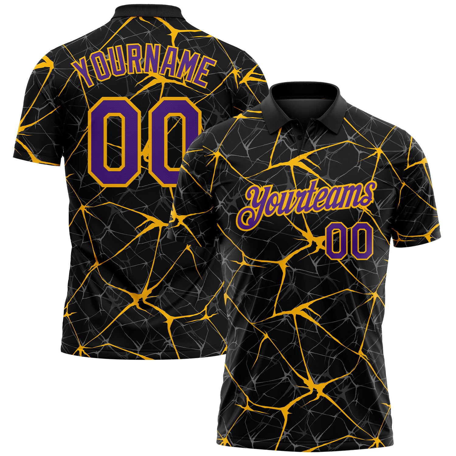 Custom Black Purple-Gold 3D Pattern Abstract Network Crackle Performance Polo Shirt