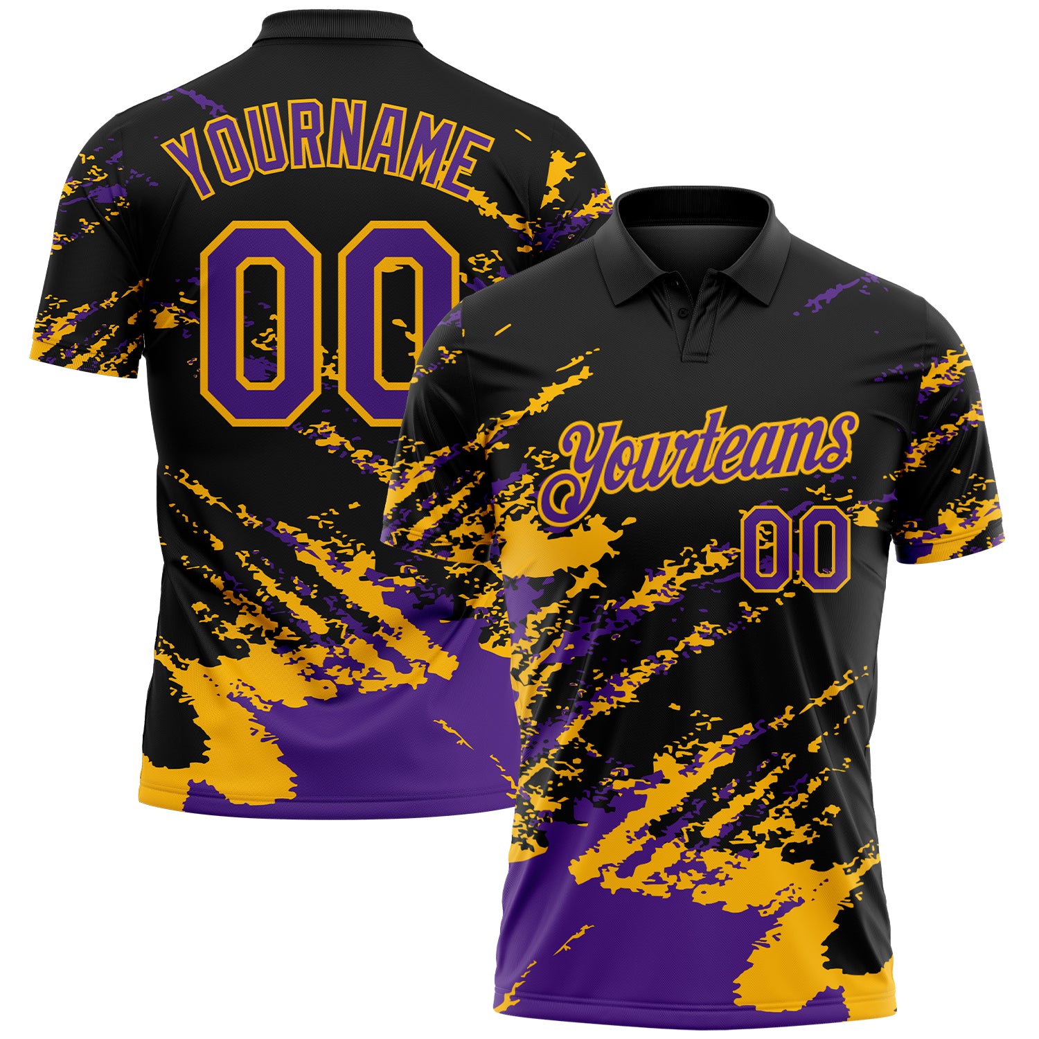 Custom Black Purple-Gold Brush Stroke Shatter Splatter Performance Polo Shirt