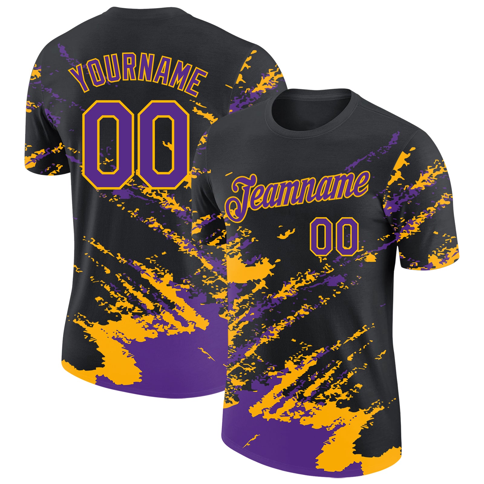 Custom Black Purple-Gold Brush Stroke Shatter Splatter Performance T-Shirt