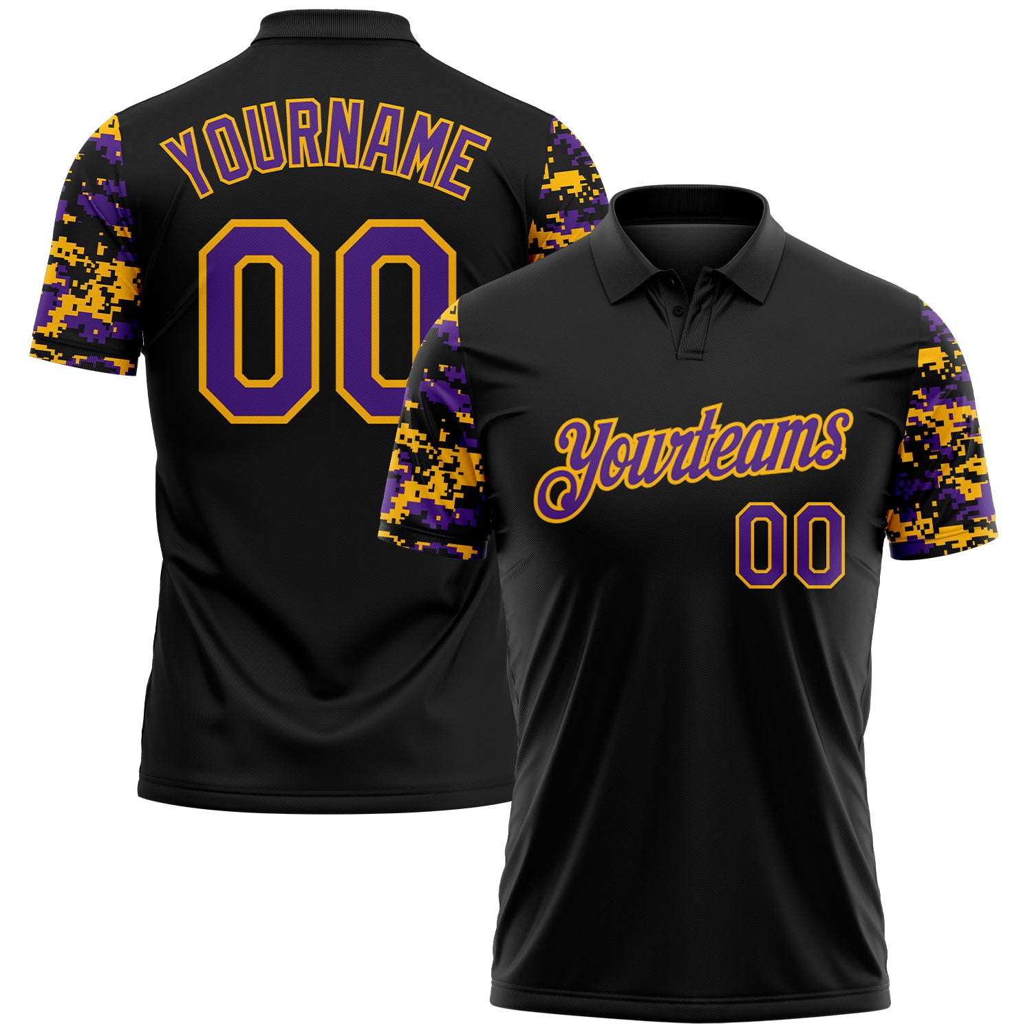 Custom Black Purple-Gold Digital Camo Two Tone Performance Polo Shirt