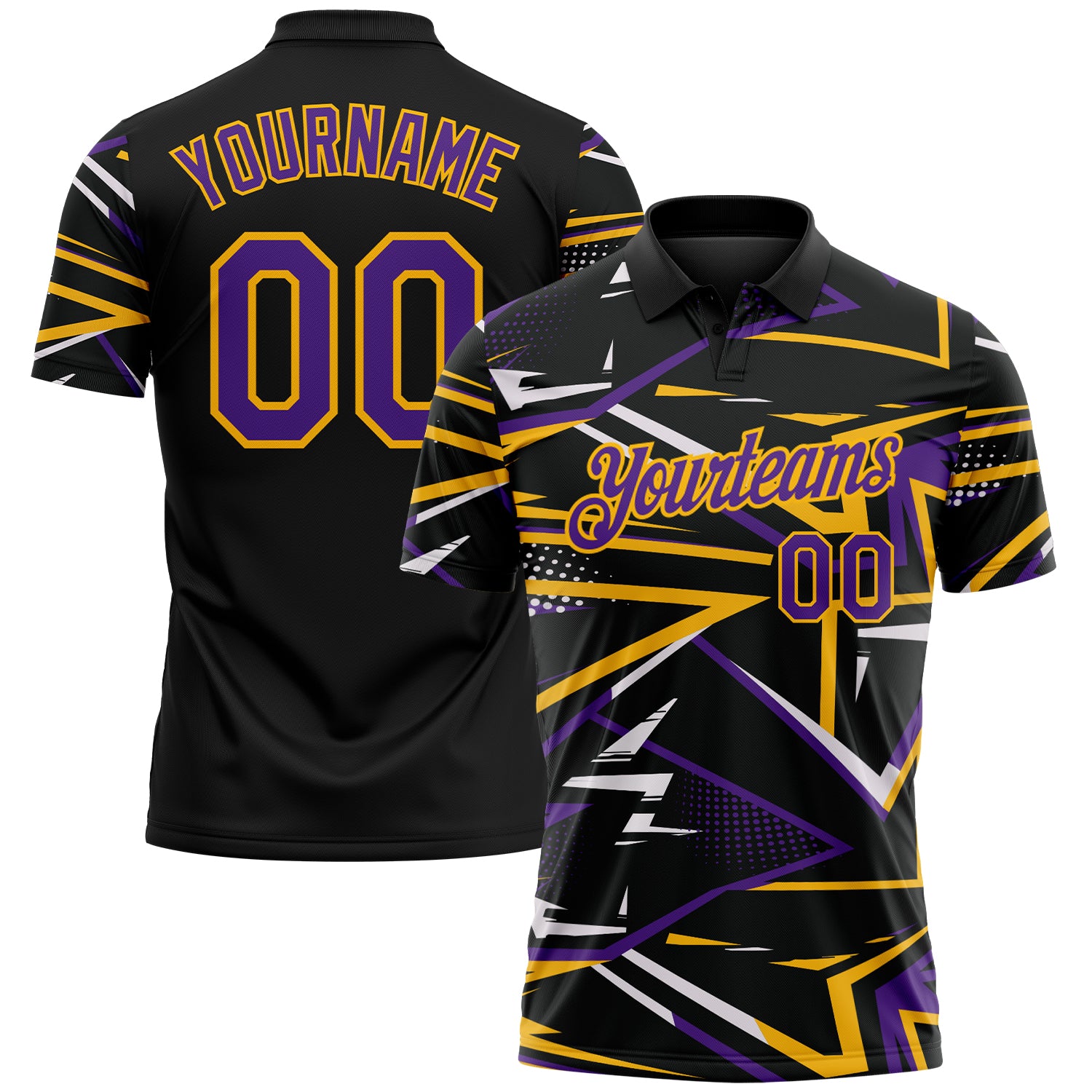 Custom Black Purple-Gold Dynamic Geometric Shard Performance Polo Shirt