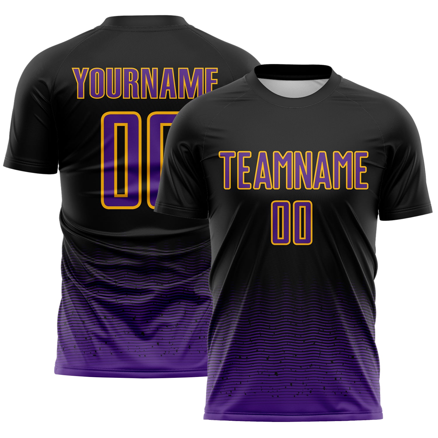 Custom Black Purple-Gold Fade Wave Lines Splatter Sublimation Soccer Uniform Jersey