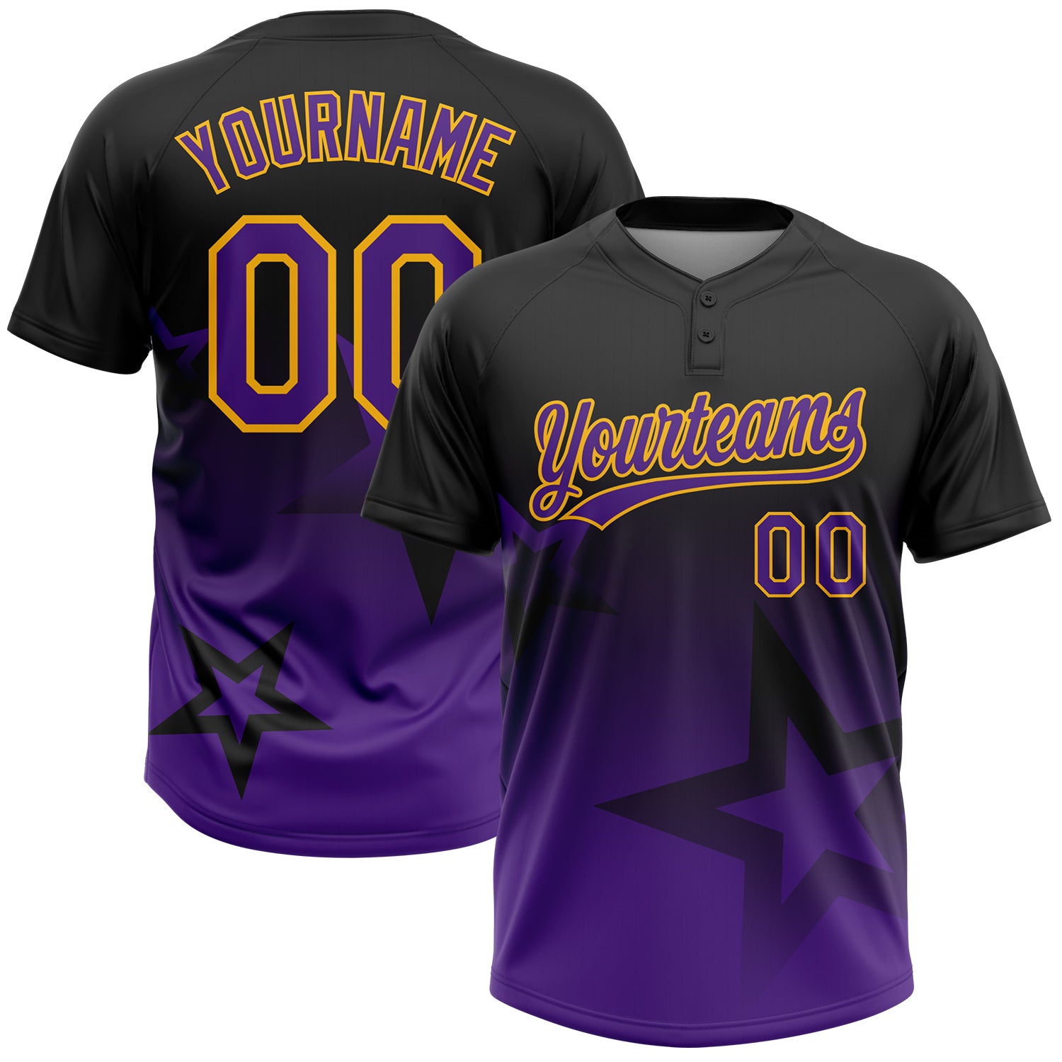 Custom Black Purple-Gold Gradient Style Twinkle Star Two-Button Unisex Softball Jersey