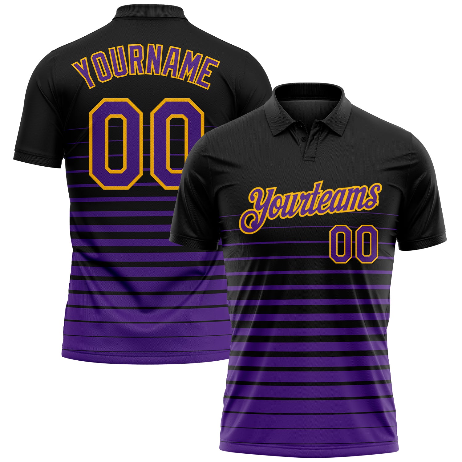 Custom Black Purple-Gold Horizontal Gradient Stripe Performance Polo Shirt