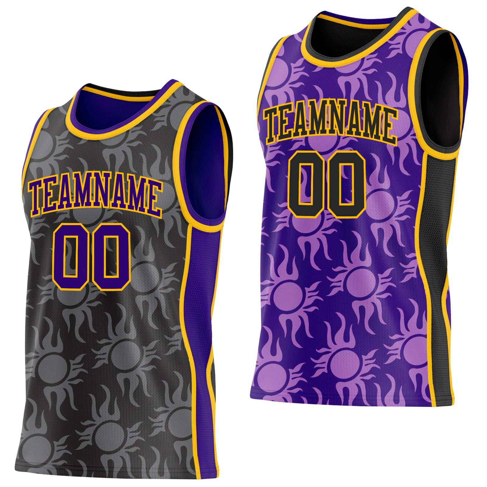 Custom Black Purple-Gold Side Panel Stripe Sun Flame Reversible Double Side Sublimation Basketball Set Jersey