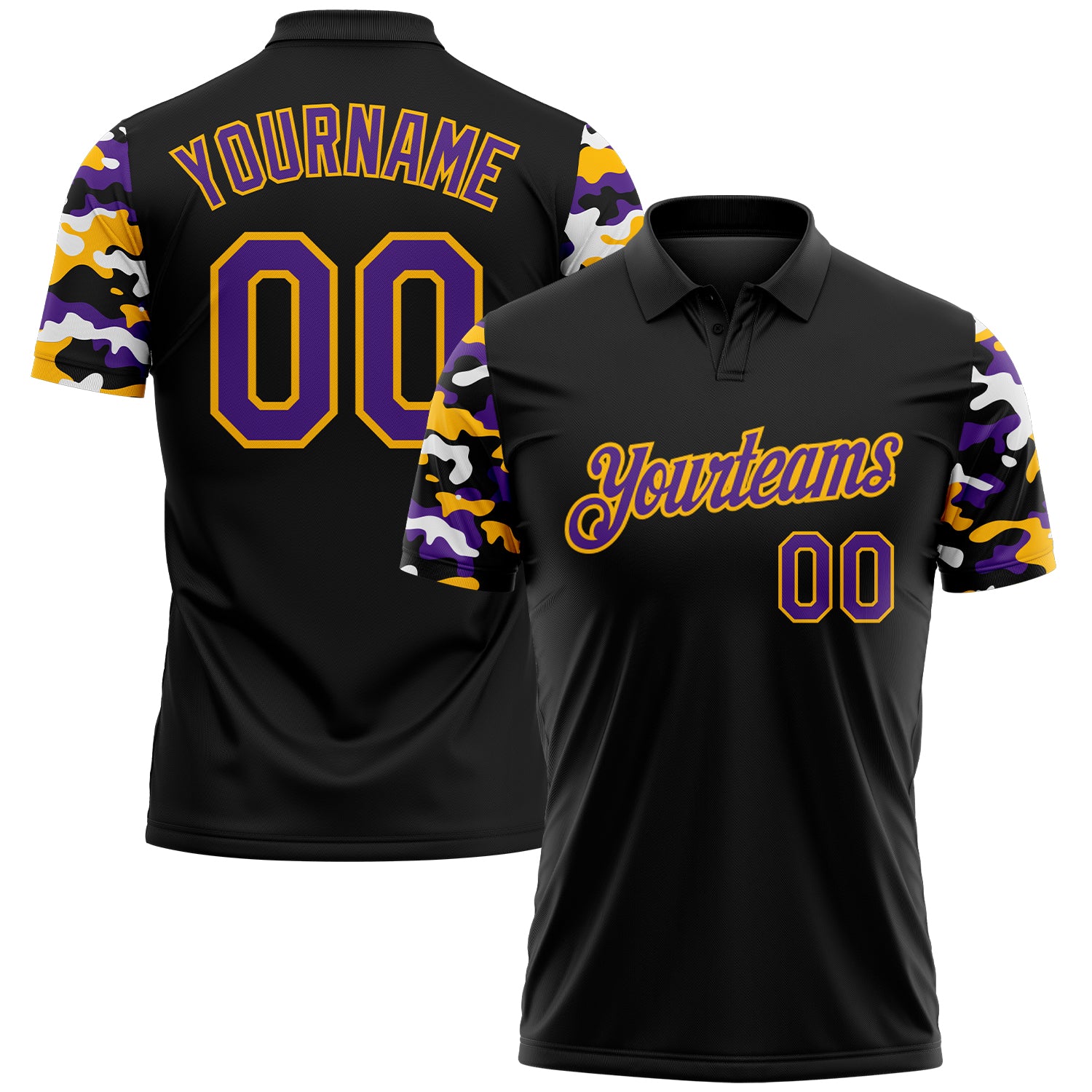 Custom Black Purple Gold-White Digital Camo Two Tone Performance Polo Shirt