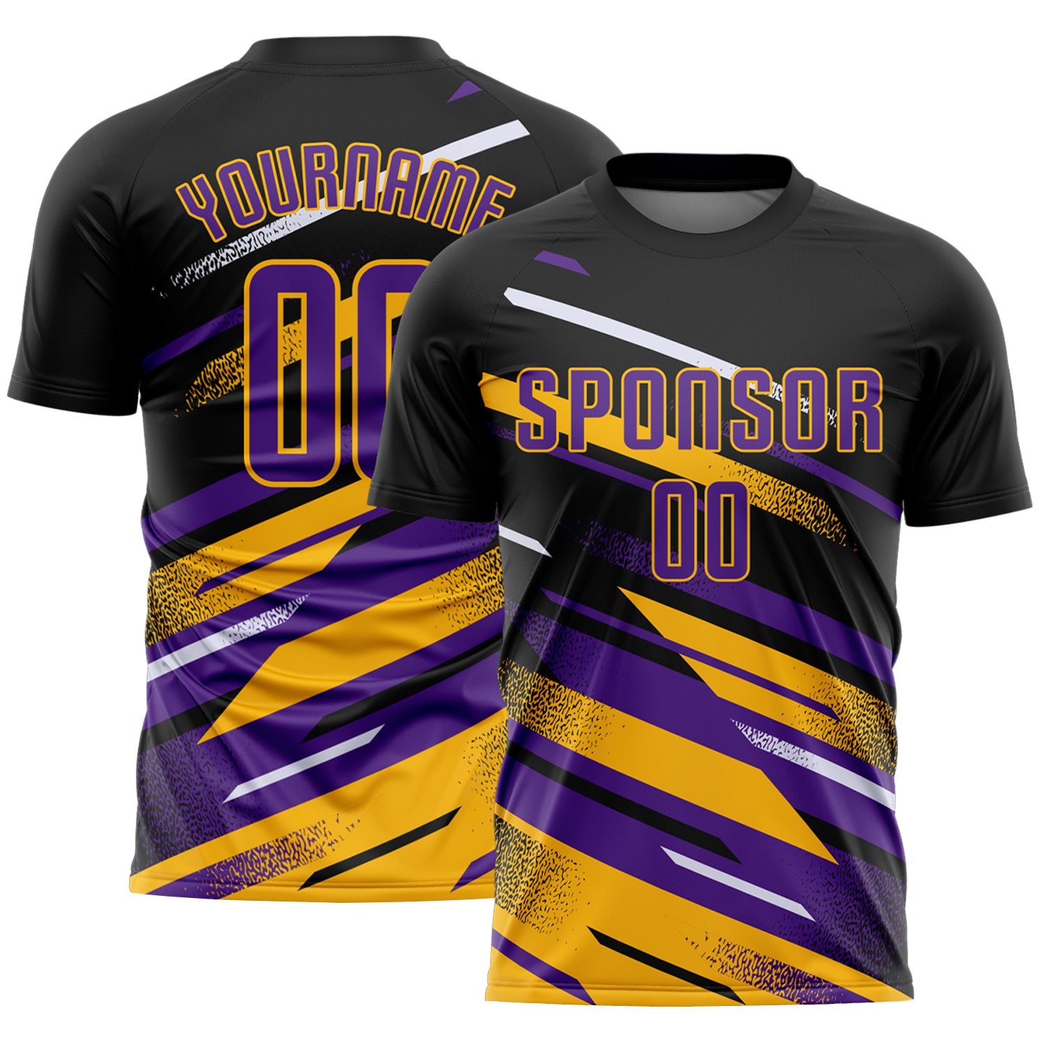 Custom Black Purple Gold-White Grunge Stripe And Grainy Sports Sublimation Soccer Uniform Jersey