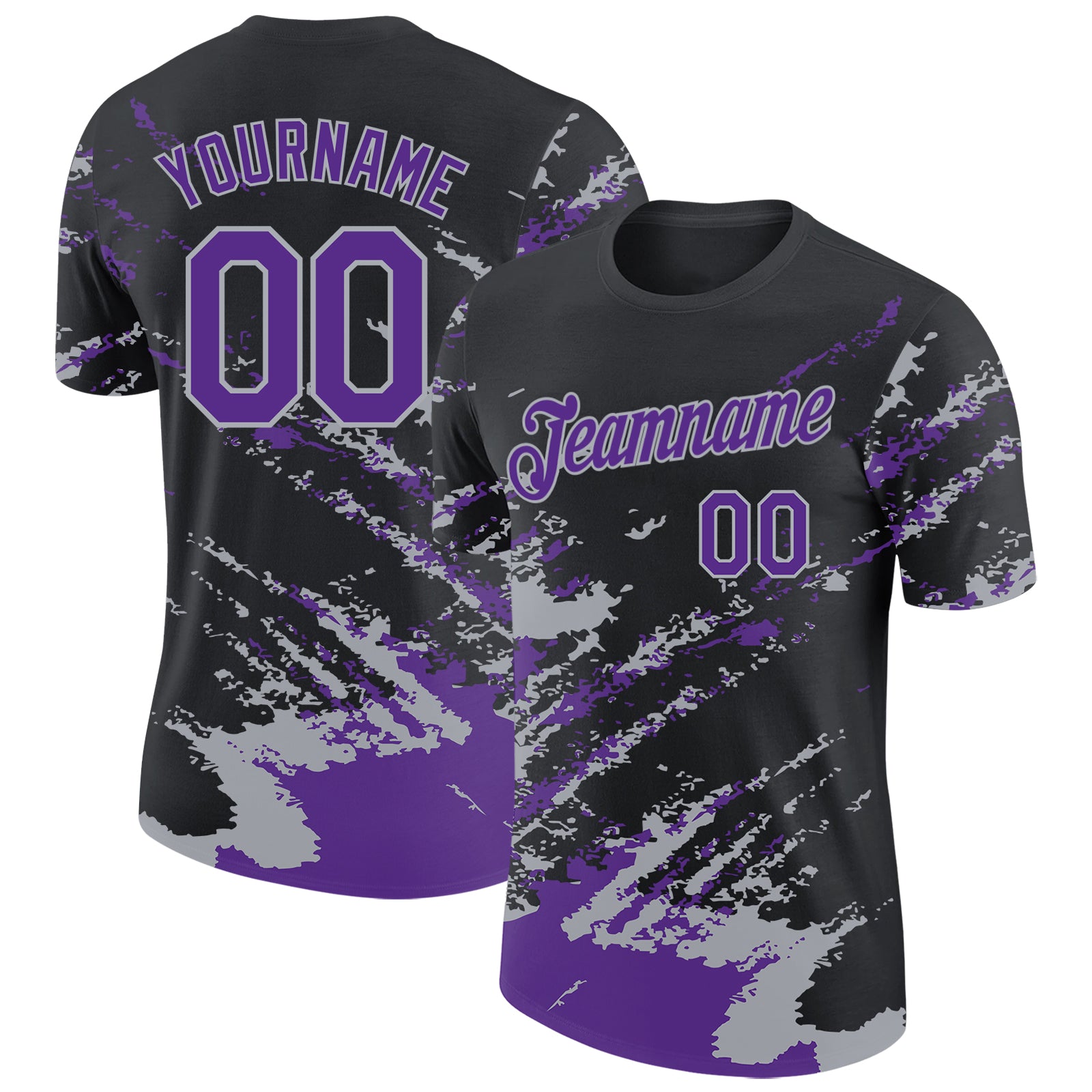 Custom Black Purple-Gray Brush Stroke Shatter Splatter Performance T-Shirt