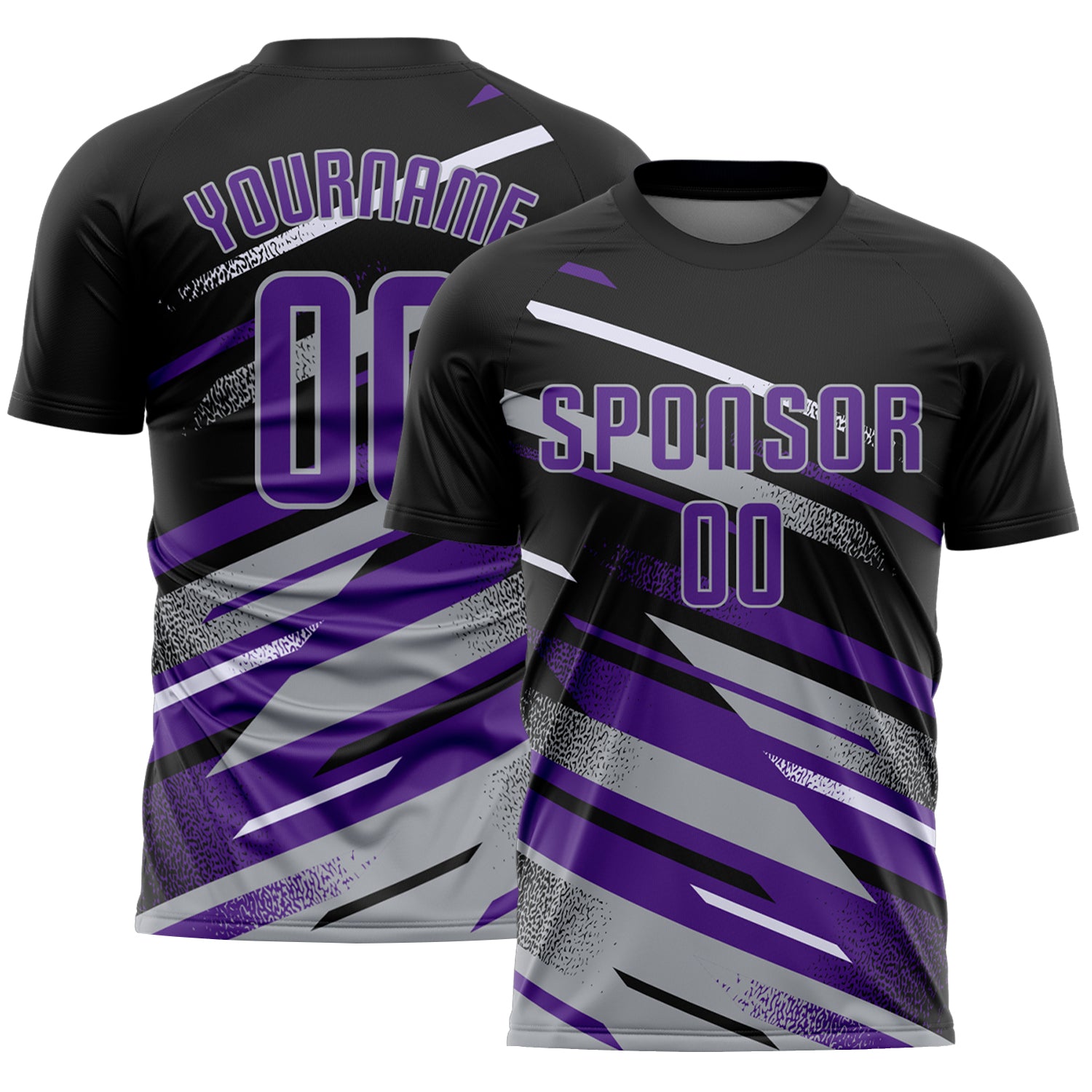 Custom Black Purple Gray-White Grunge Stripe And Grainy Sports Sublimation Soccer Uniform Jersey